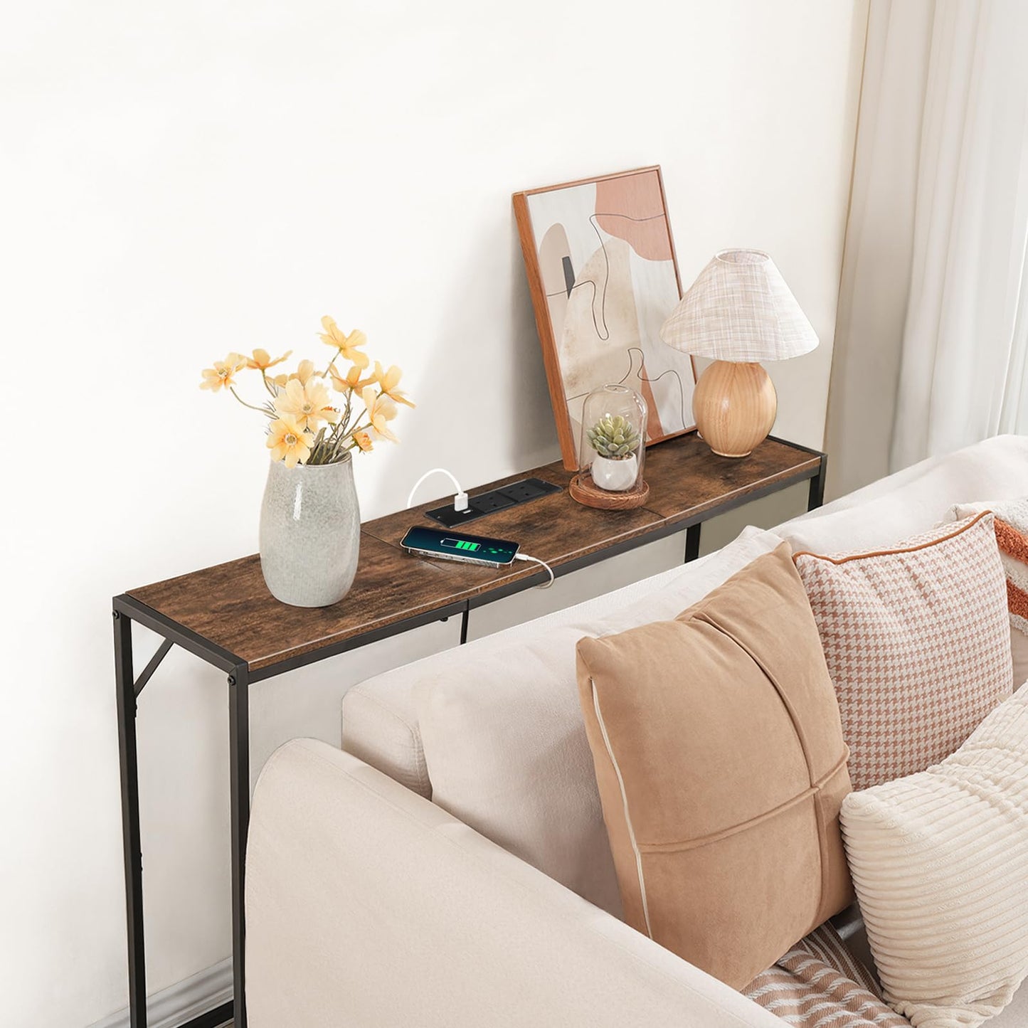 MAHANCRIS Console Table, Narrow Sofa Table, 43.3” Entrance Table with Power Station, Behind Couch Table, Simple Style, for Living Room, Hallway, Entryway, Foyer, Rustic Brown and Black CTHR112E01