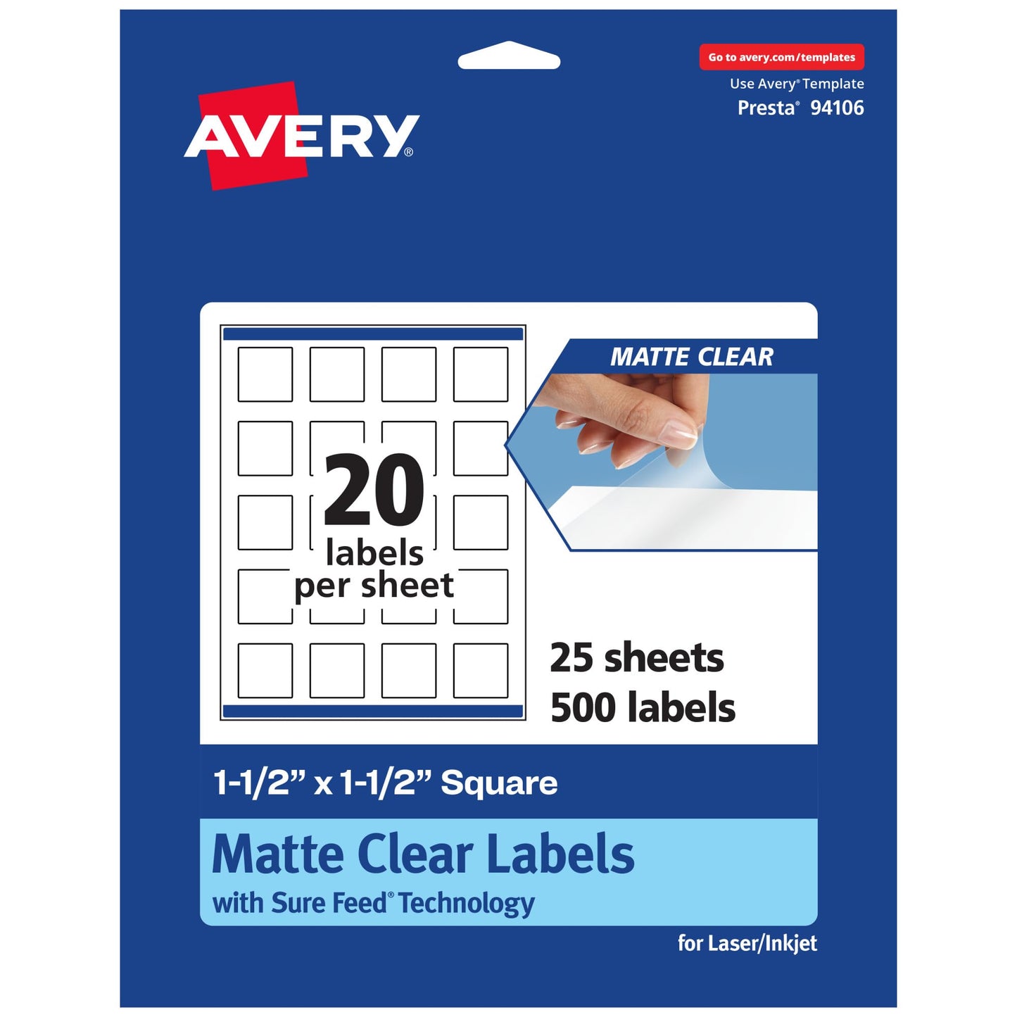 Avery Matte Clear Square Labels, Sure Feed Technology, 1.5" x 1.5", 500 Matte Clear Labels, Print-to-The-Edge, Laser/Inkjet Printable
