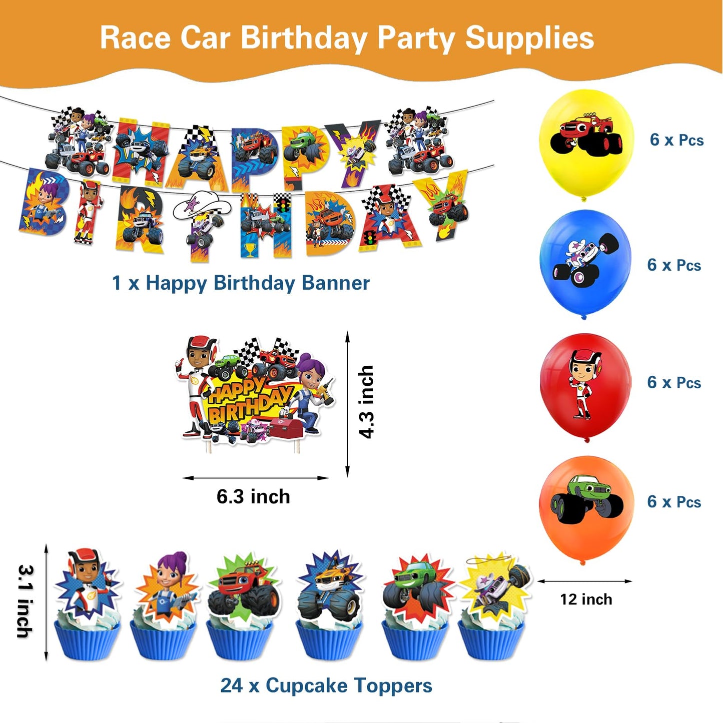 121 Pcs Monster Truck Birthday Party Supplies,Included Banner,Backdrop,Tablecloth,Plates,Balloon,Racing Car Tableware Set for Boy Truck Party Decorations