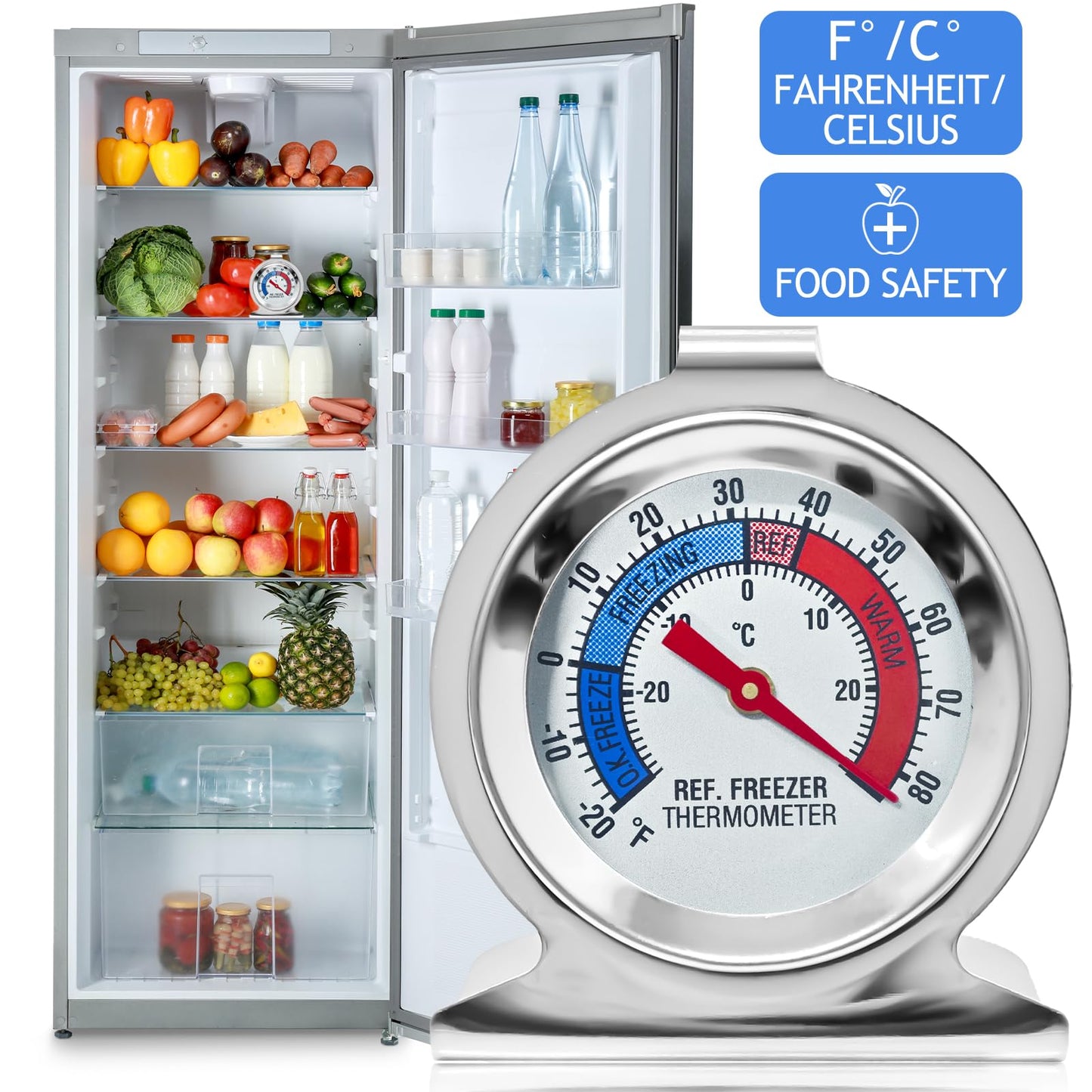 12 Pack Refrigerator Freezer Thermometer Large Dial Fridge Thermometer with Dual-Scale -30~30°C/-20~80°F for Freezer Refrigerator Cooler