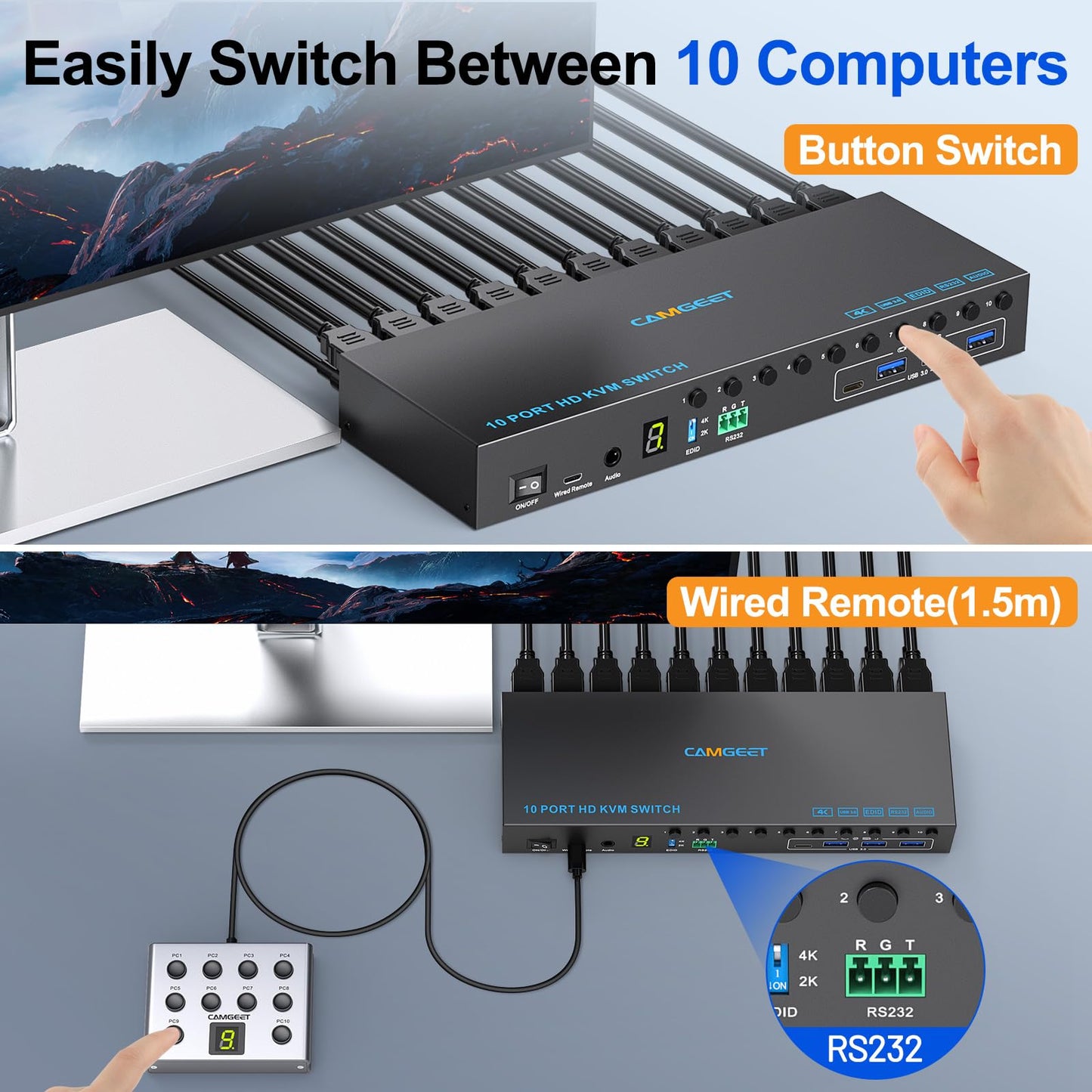 10 Port 8 Port HDMI KVM Switch 4K@60Hz EDID Simulation, USB3.0 KVM Switch HDMI for 10 Computers Share 1 Monitor and 4 USB Devices, KVM Switches with Audio RS232 Wired Remote 12V Power and USB Cable