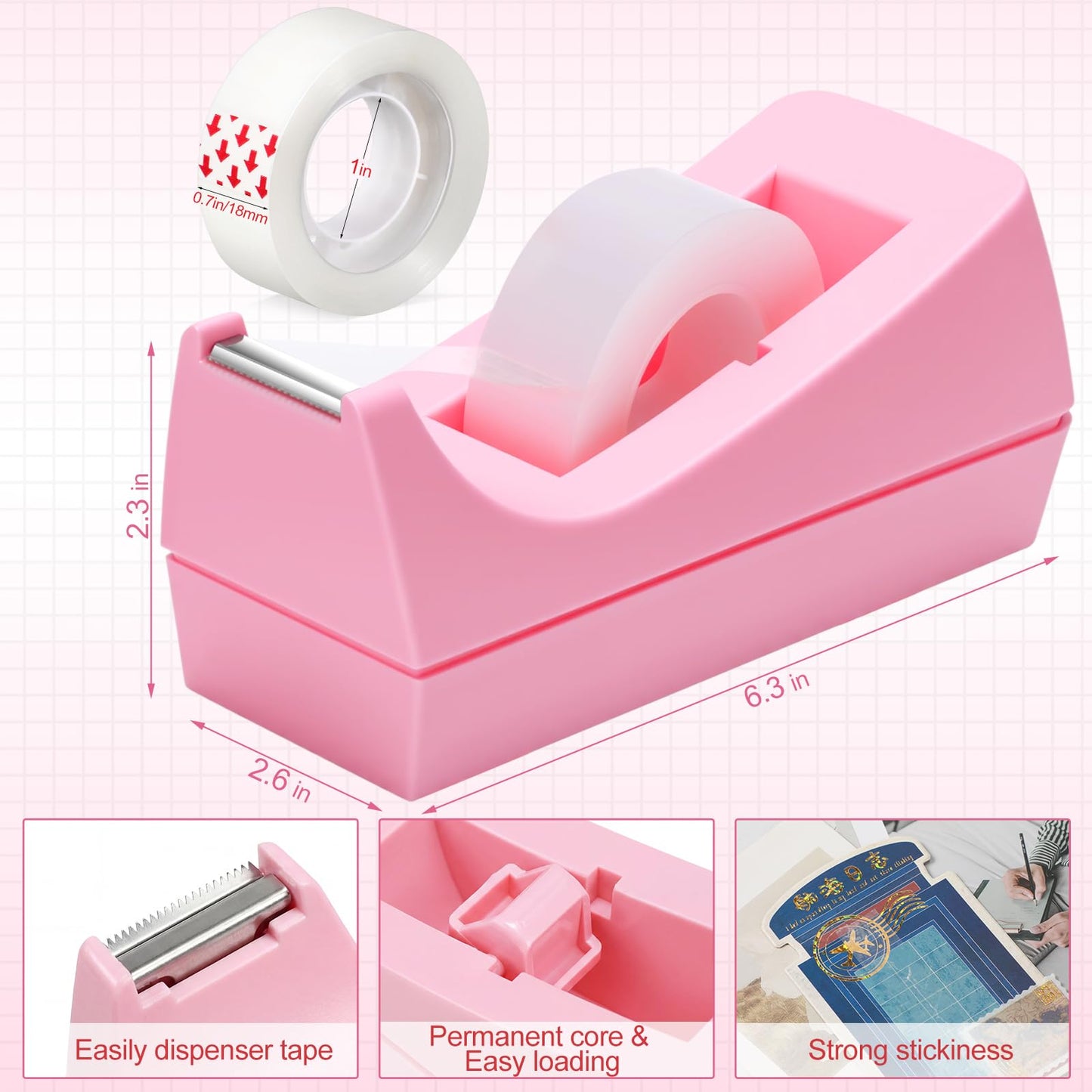 Yahenda 10 Pack Pink Desktop Tape Dispenser Non Skid Base with 0.7 x 985 Inches Invisible Tape Refills Bulk Weighted Roll Dispenser for Office Home School