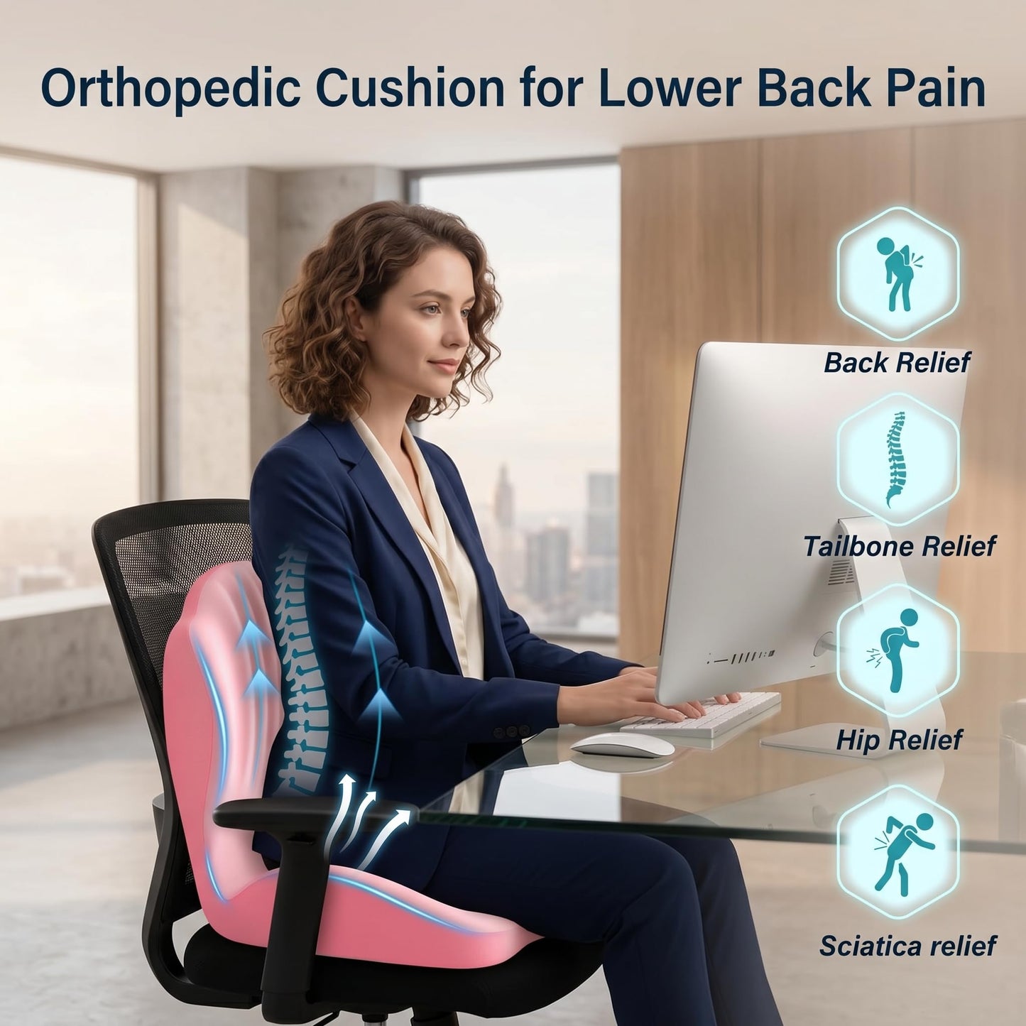 Ergonomic Office Chair Seat Cushion, L-Shaped Memory Foam Coccyx Cushion for Tailbone Pain Relief, Orthopedic Car Seat Cushion with Lumbar Support & Cutout Hollow for Sciatica & Back Pain (Pink)