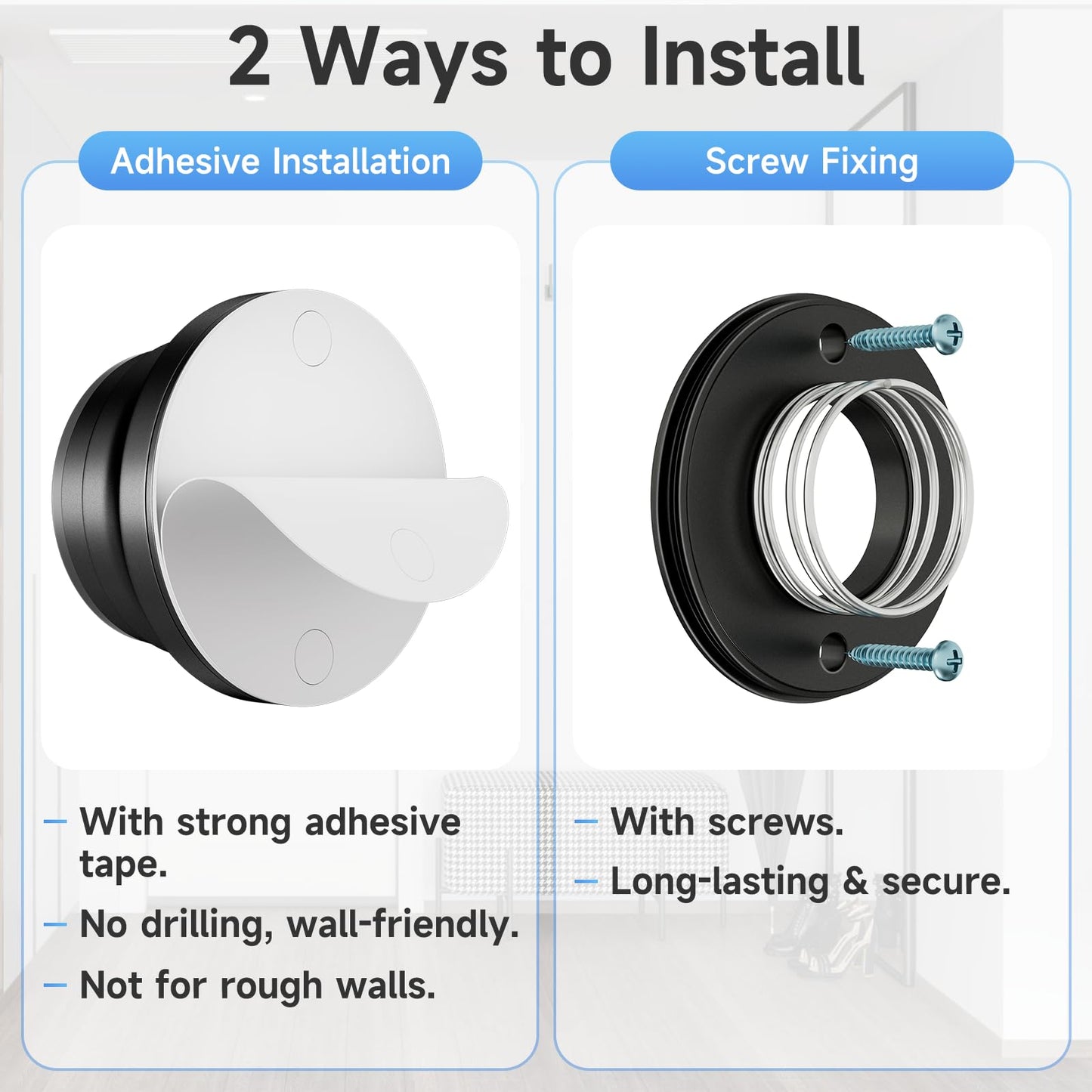 6PC Door Stoppers for Wall, 1.65 x 0.9 Inch Door Knob Wall Protector with Silicone & Aluminum Alloy, Adhesive & Screw Mounting Door Bumper for Home & Office Walls, Black
