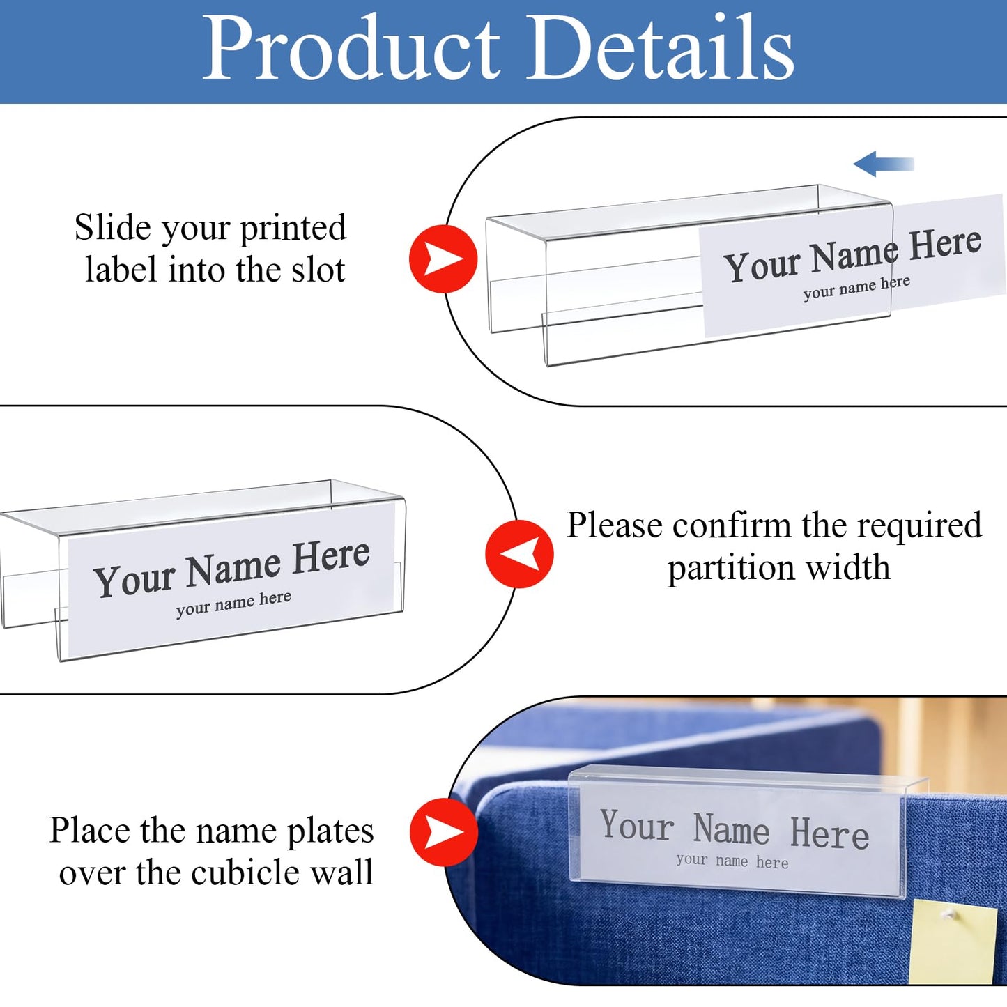 Fumete 10 Pack Double Sided Cubicle Acrylic Name Plate, 8.5" x 2.5" Ultra High Definition Acrylic with Thick Desk Name Sign Holders for Office Meeting Business fit 3 Inch Cubicle Wall Display