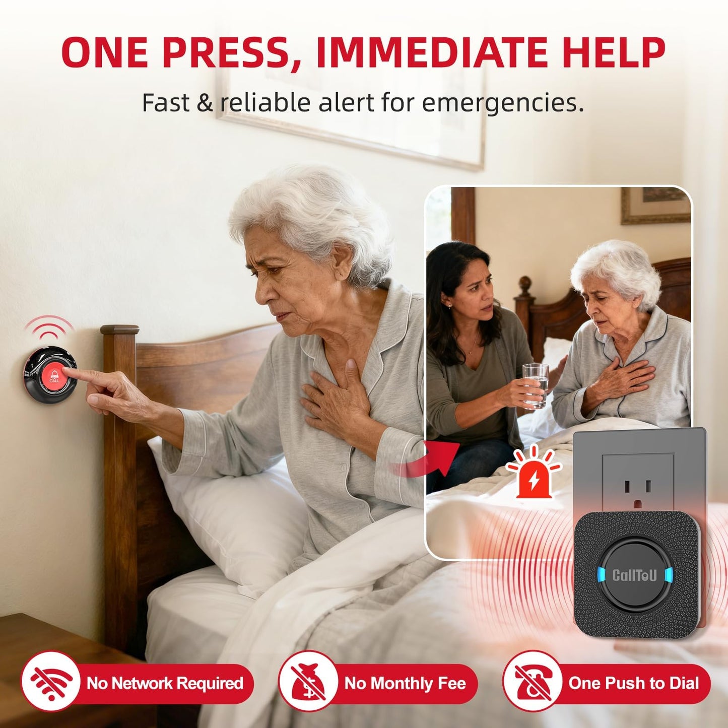 CallToU Caregiver Pager Wireless Call Bell Alert Button for Seniors/Elderly/Patients 2 Plugin Receiver 2 Waterproof Transmitter