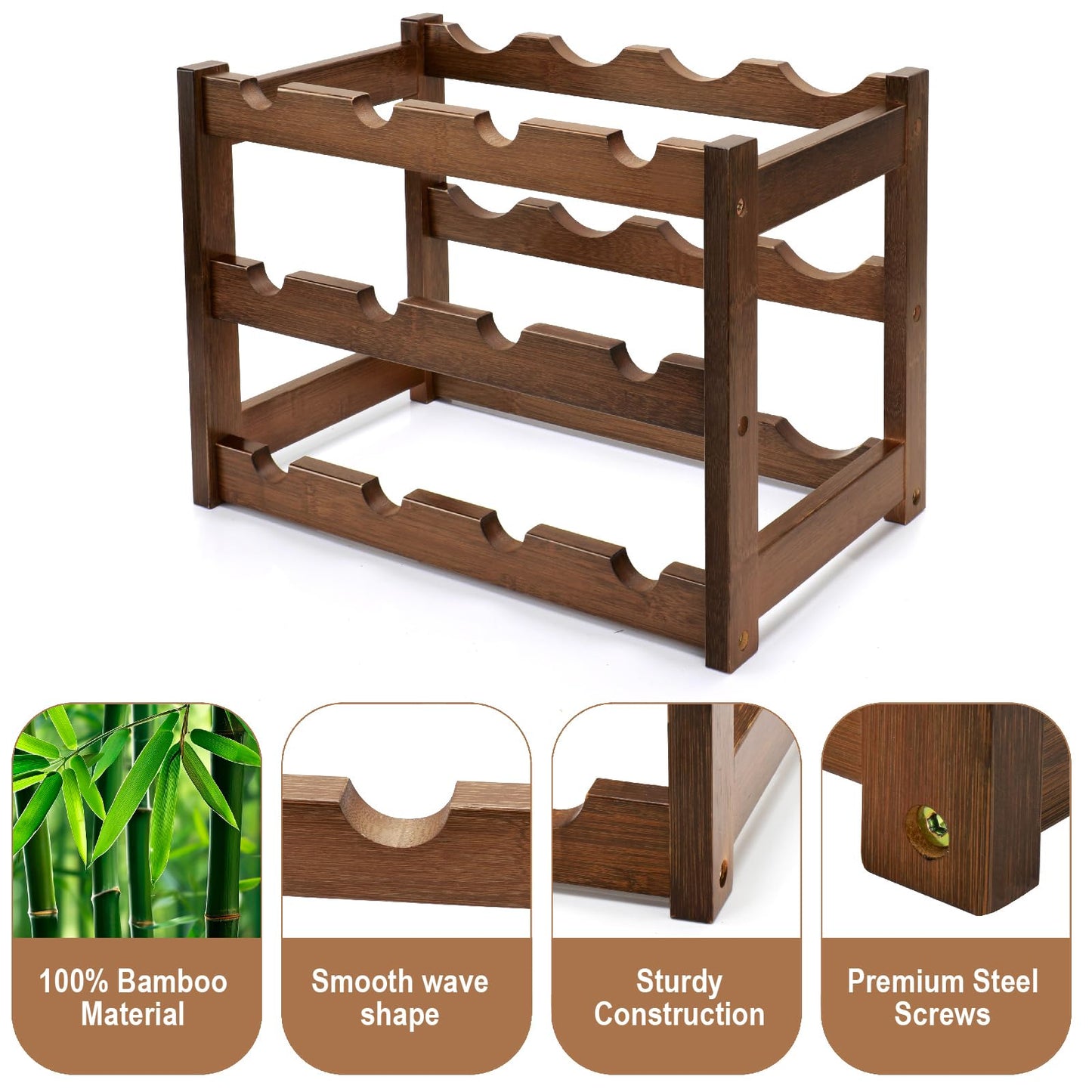 Thalomely Bamboo Wine Rack, 3-Tier 12 Bottles Wine Storage Cabinet Shelf, Easy-Assembly Freestanding Bamboo Wine Racks Countertop for Kitchen Pantry Dining Room Bar, Walnut