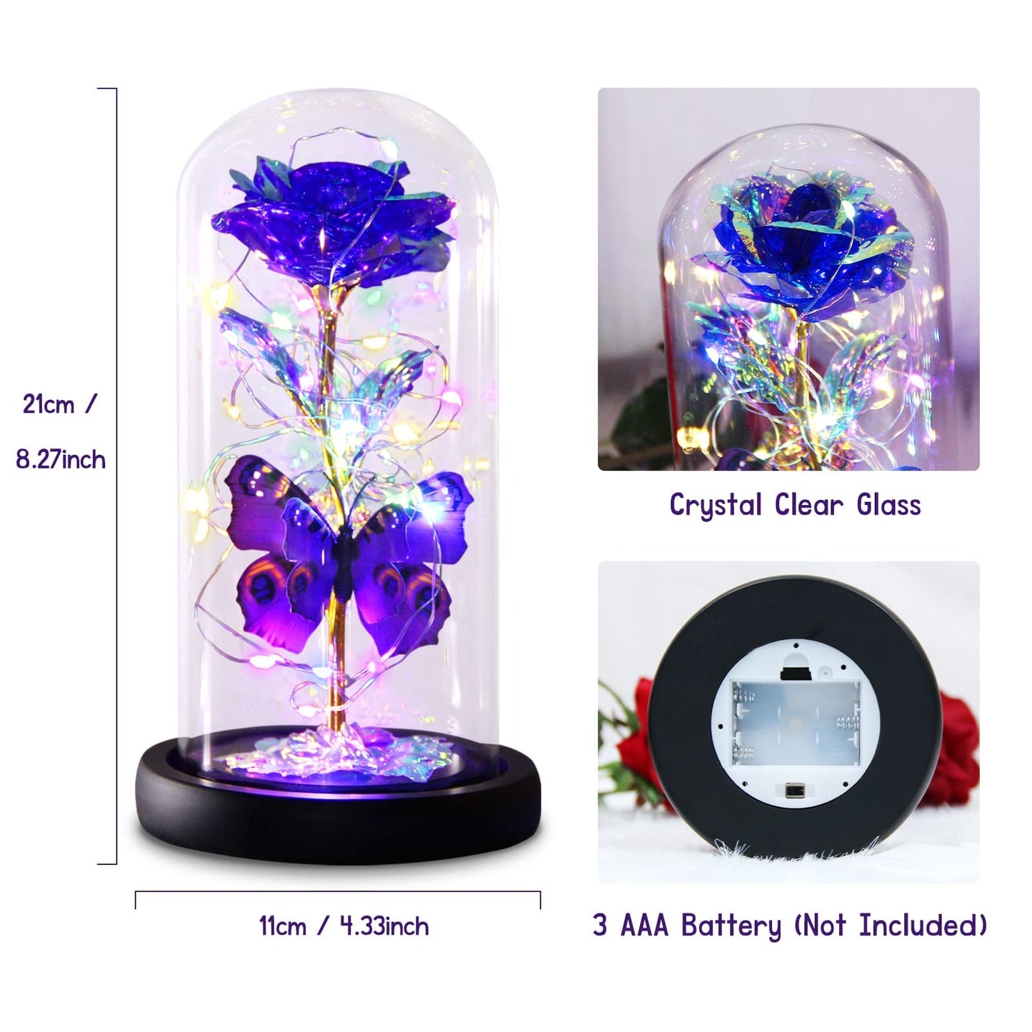 Greenke Mothers Day Rose Gifts for Mom, Galaxy Purple Butterfly Rose in Glass Dome, Light Up Forever Roses Birthday Gifts for Women Mom Grandma, Eternal Rose Gift for Her Anniversary, Mother Gift