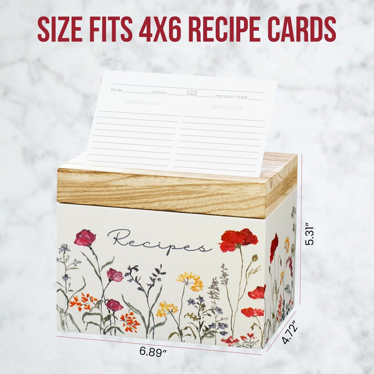 SENSORY4U Wooden Recipe Box with Cards & Dividers – Wildflower Floral Design – Includes 100 4x6 Recipe Cards, 12 Dividers & Built-In Recipe Holder Slot – Rustic Farmhouse Kitchen Organizer