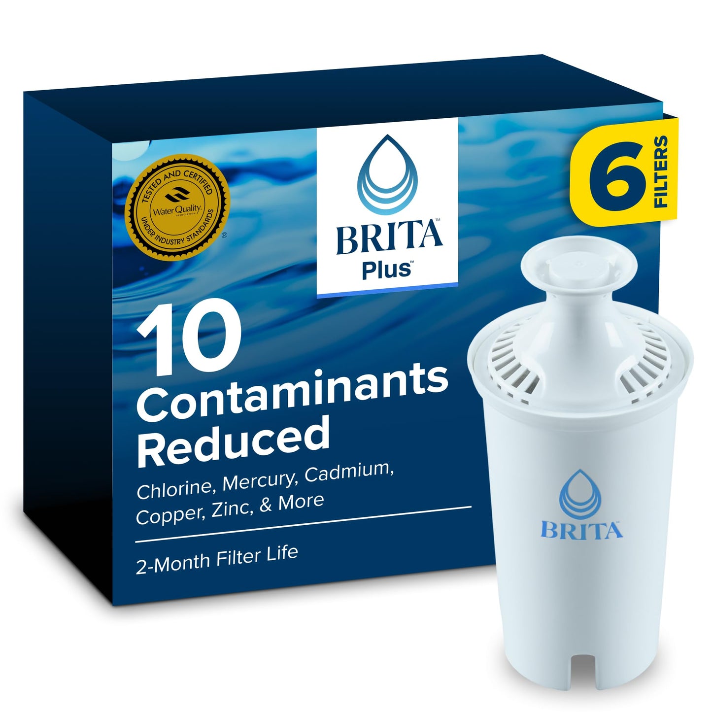 Brita Plus Water Filter, BPA-Free, High-Density Replacement Filter for Pitchers and Dispensers, Reduces 2x Contaminants*, Lasts Two Months or 40 Gallons, Includes 6 Filters