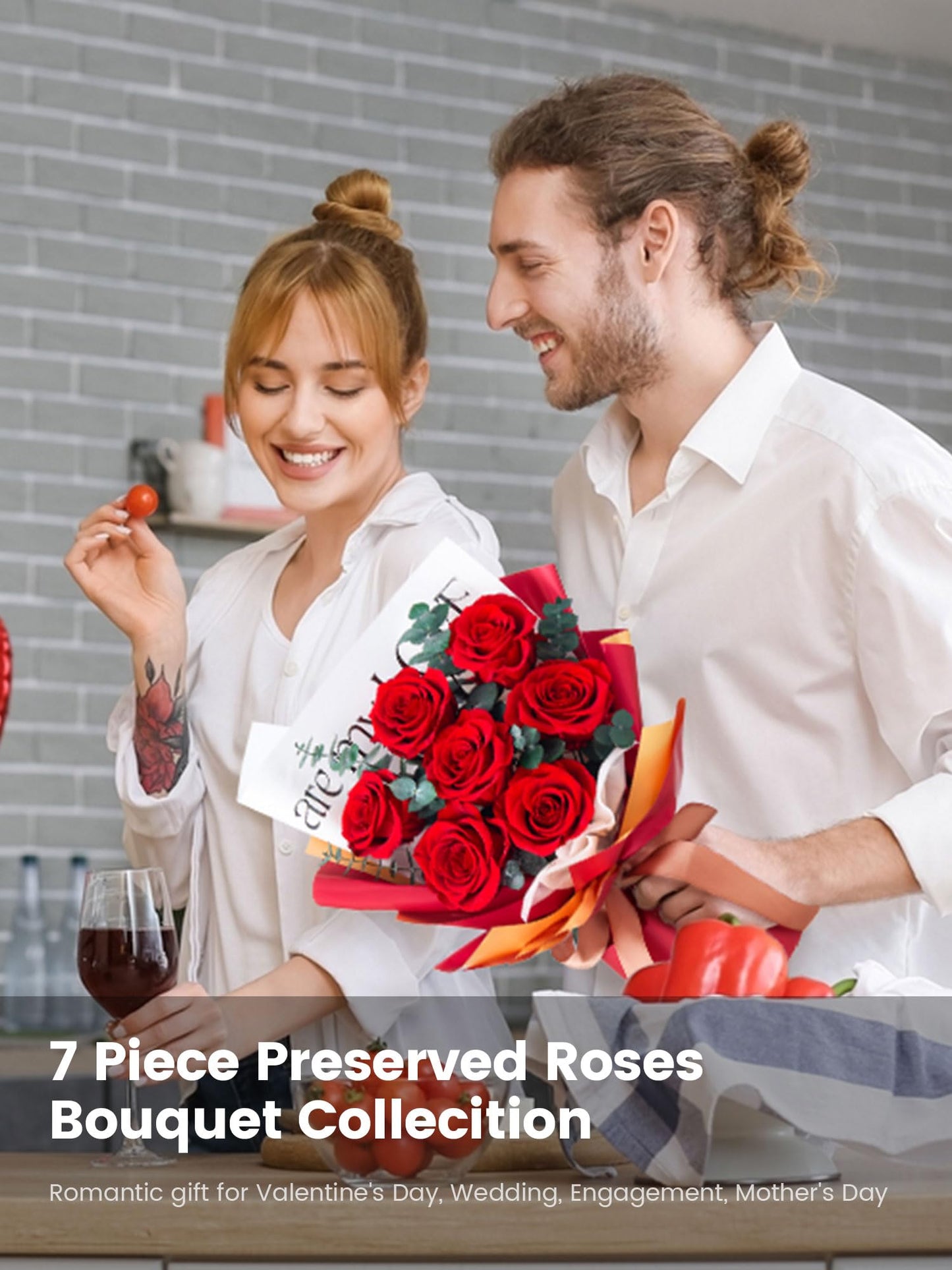 Mosstory Roses Bouquet 7-Piece Forever Flowers Bouquet Gift for Her Women Wife Mothers Anniversary Birthday Wedding (Red Roses)