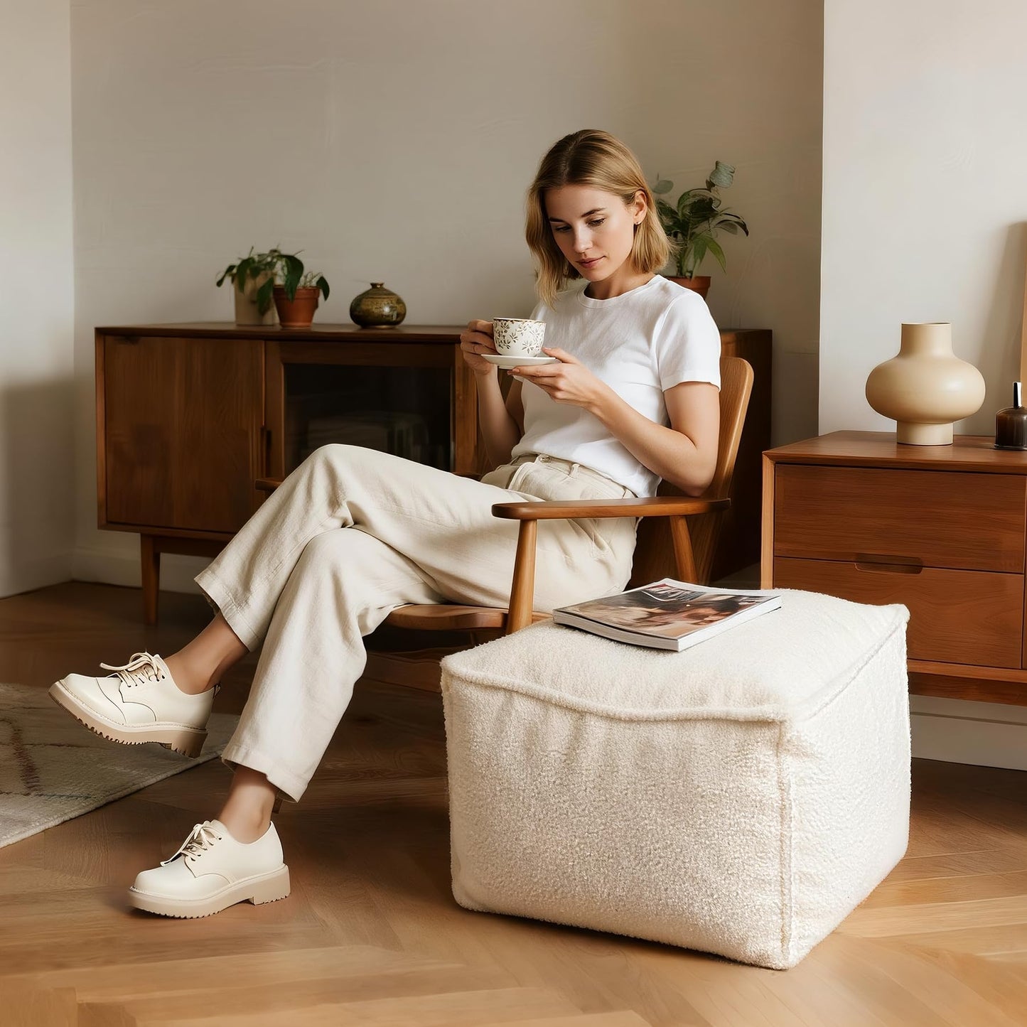 Kinevoli Square Boucle Pouf Ottoman Footrest, Soft & Lightweight Footstool with Foam Filling for Living Room & Bedroom, Laid-Back Lounge Style