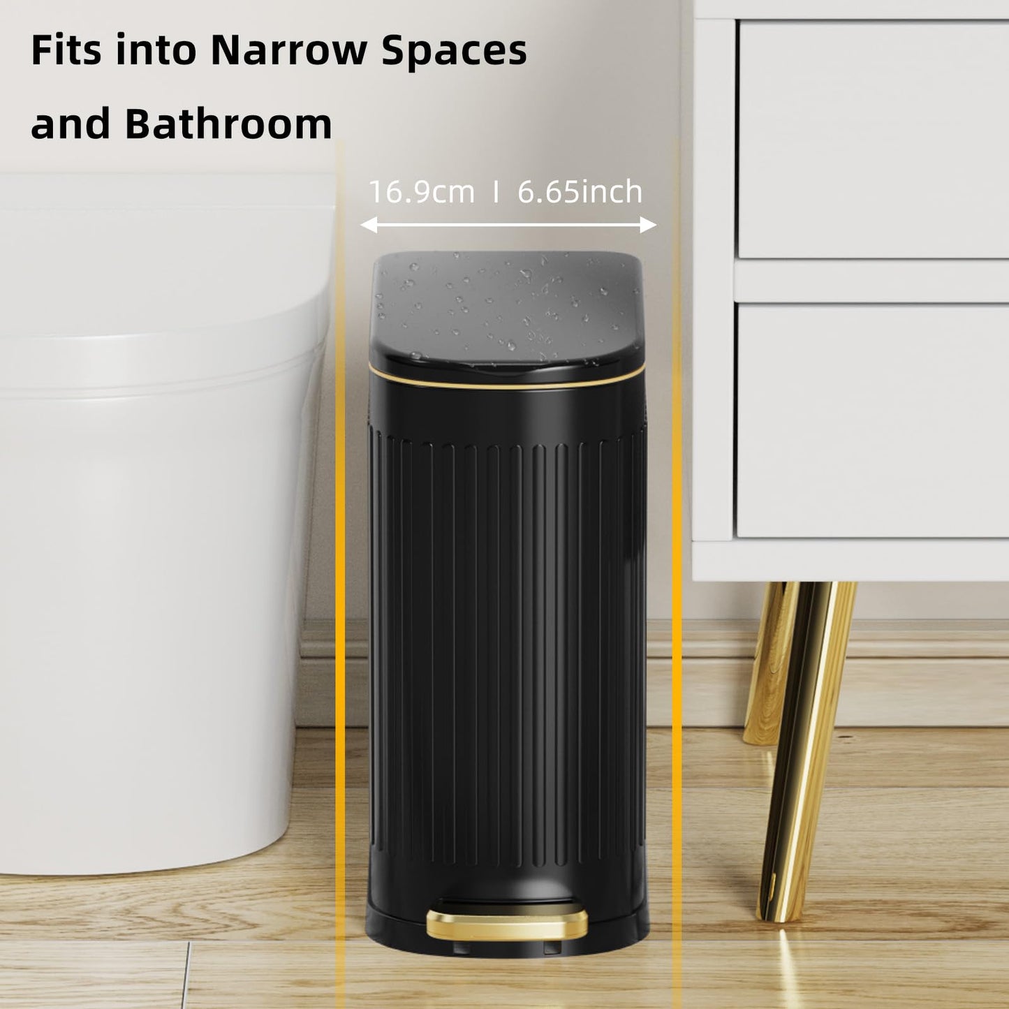 KSSKSS 2.6 Gallon Slim Bathroom Trash Can with Soft Close Lid, 10L Stainless Steel Garbage Can with Removable Liner Bucket, for Narrow Spaces, Bathroom, Bedroom (Matt Black)