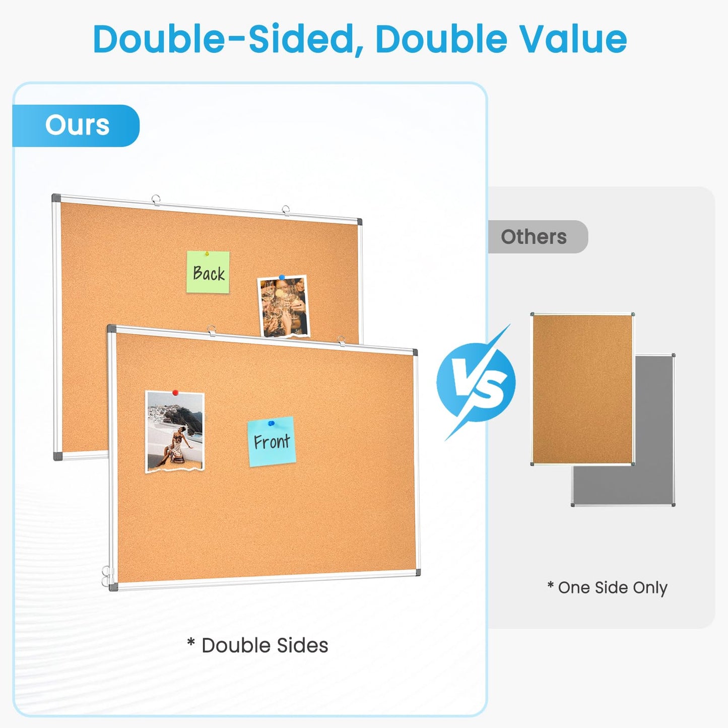 Double-Sided Cork Bulletin Board for Wall, WALGLASS 36" x 24" Hanging Wall Mounted Notice Board, Pin Display Vision Cork Board, Aluminium Framed Large Message Corkboard for Office, Home, School