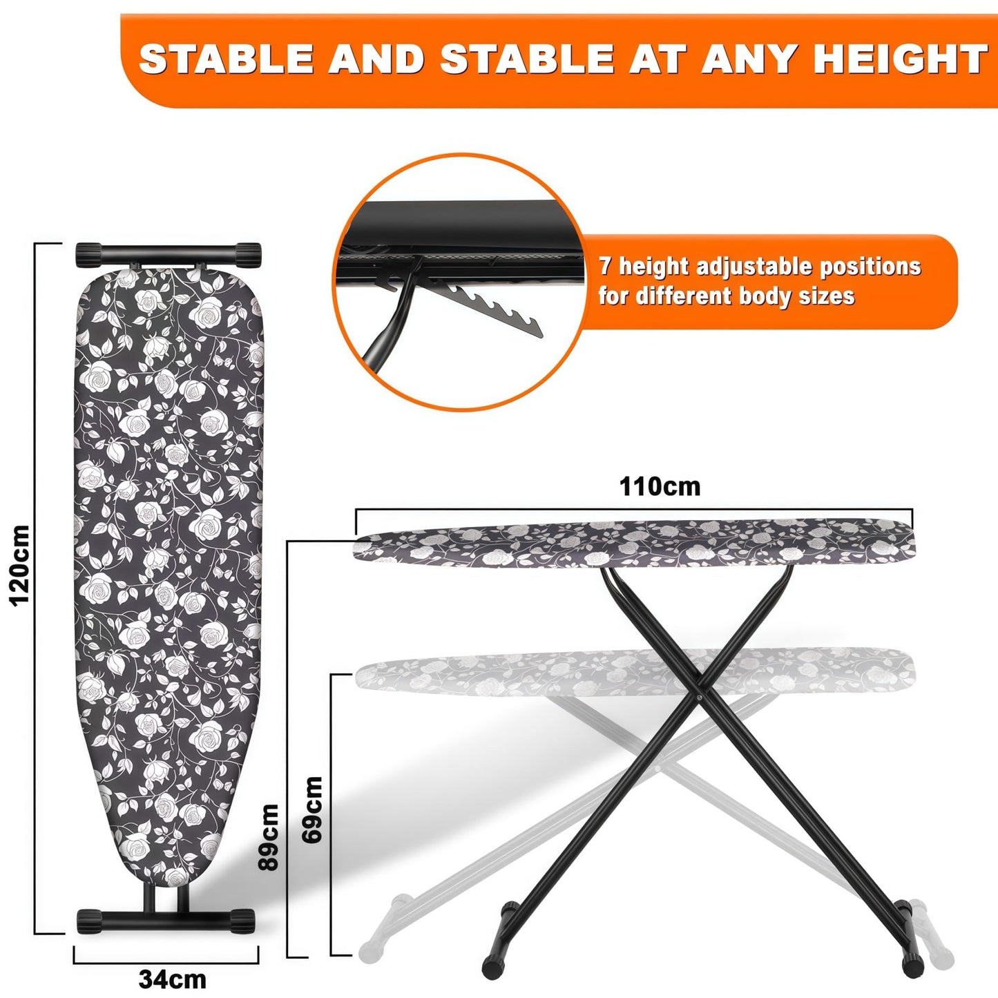 HLILBTE Ironing Board, Compact Ironing Board 13x43 Ironing Area with Extra Thick Height Adjustable Ironing Boards, Stable Structure, Easy to Fold,Silicone Iron pad