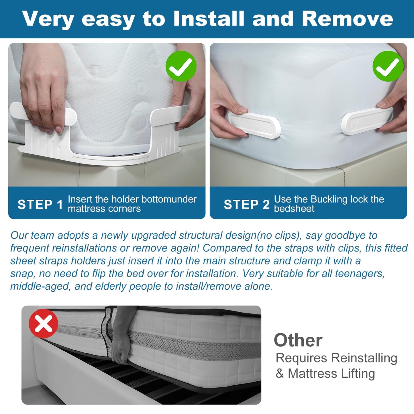 Bed Lock Sheet Holders Fit All Sheet Size, New Upgrade Sheet Straps Keep Sheets Firm & Tight, Bed Fitted Sheet Holder for Corners, Sheet Clips, Mattress Sheet Holder Strap, Sheet Secure Lock Fasteners