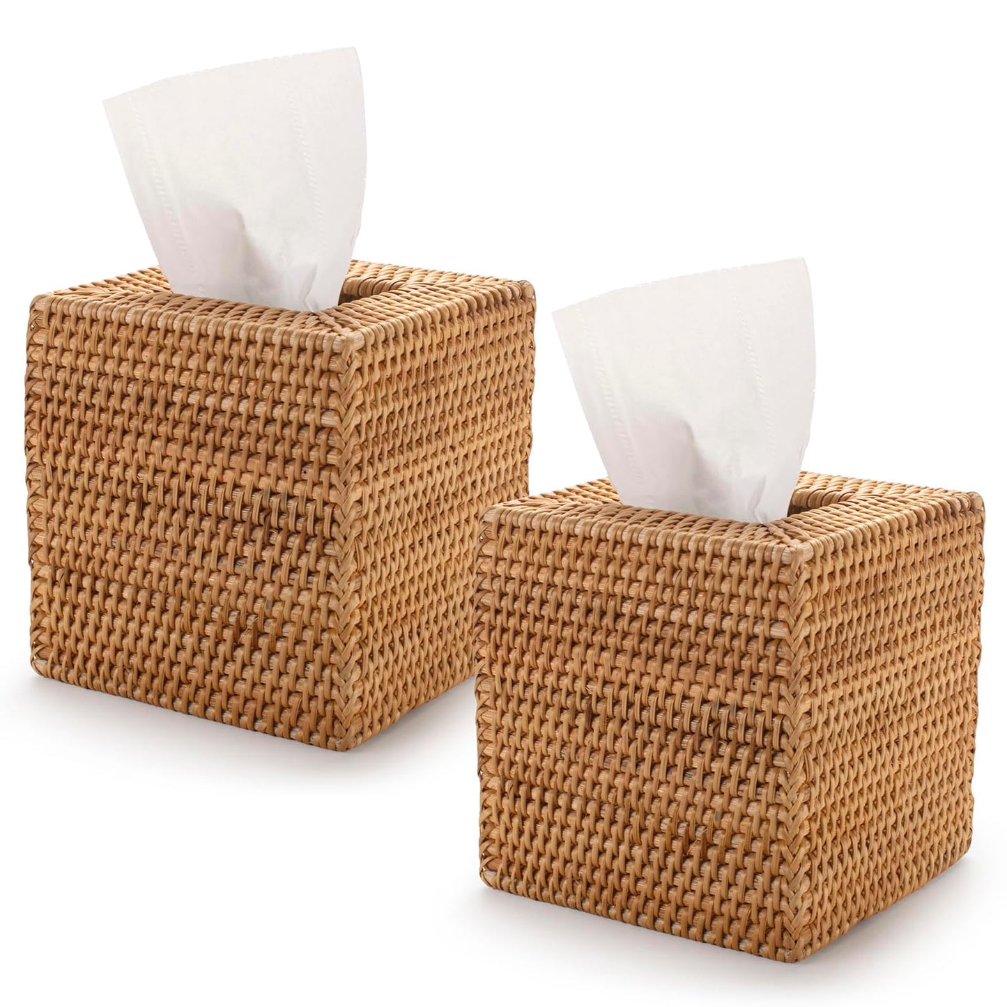 2 Pack Rattan Tissue Box Cover Square, Hand Woven Wicker Tissue Holder, 5.5 x 5.5 X 5.7 inch, Natural