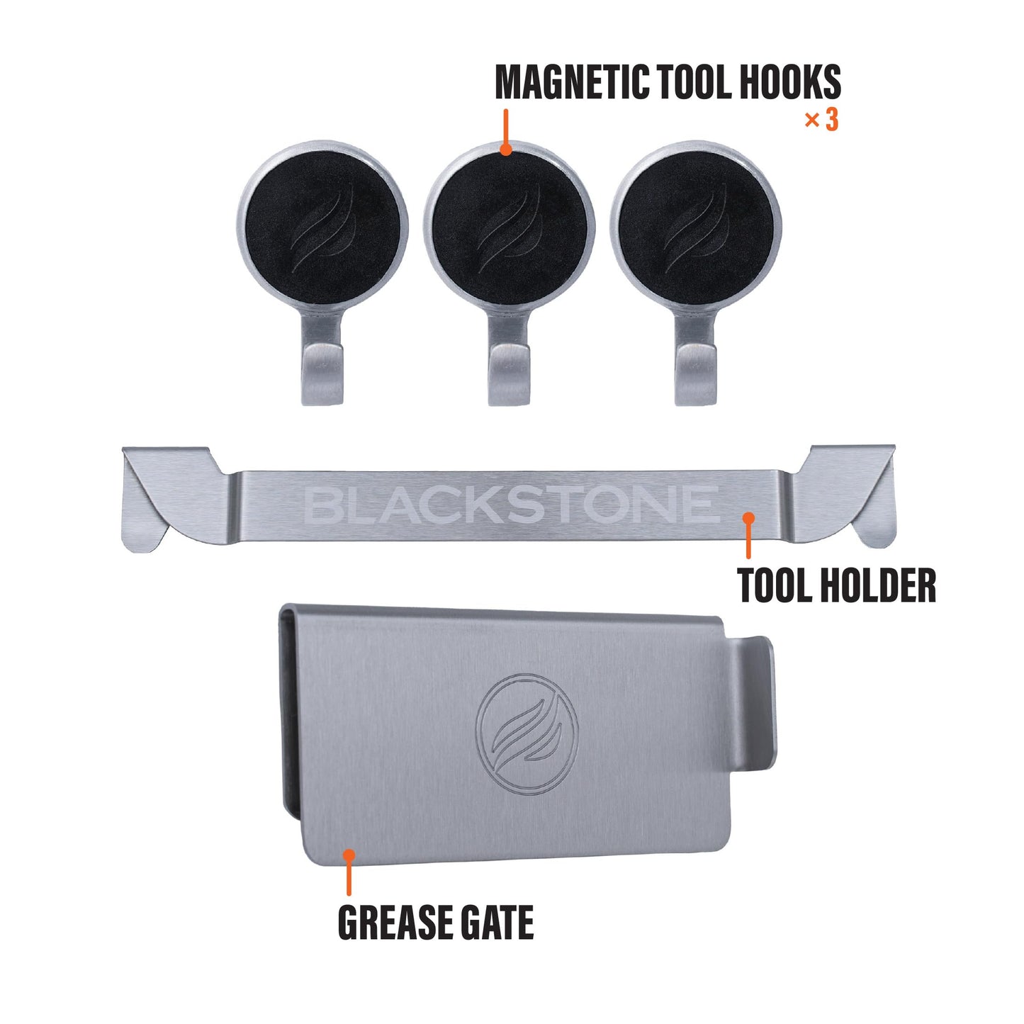 BLACKSTONE 5188 Rear Grease Gate, 3 Magentic Hooks and Tool Holder Combo, Flat Top Griddle Accessories, Stainless Steel Barbeque Cooking Utensil Holder and Grease Guard