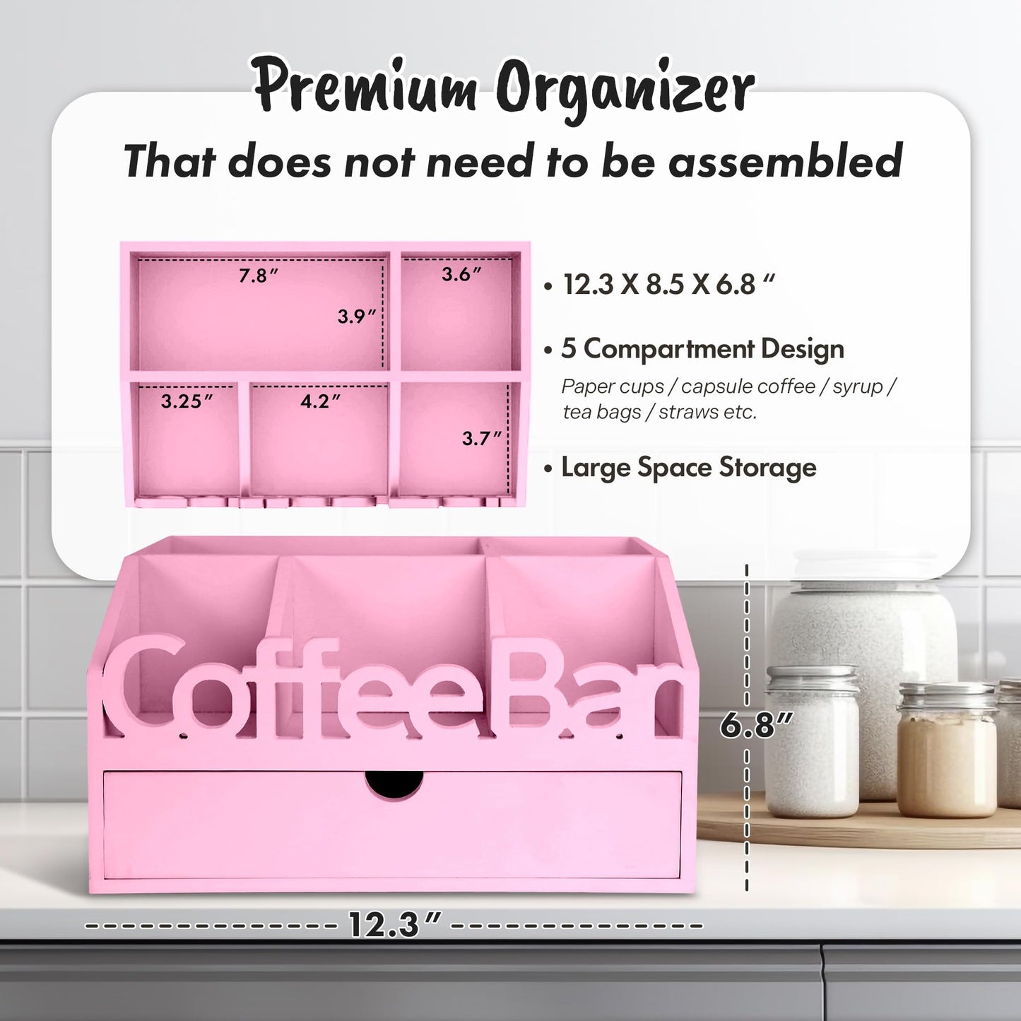 ADDFIT HOUSE Coffee Bar Organizer for Countertop – Wooden Coffee Station, Tea and K Cup, Condiment Storage Rack, Coffee Pod Holder for Home and Office Counter Organization (Drawer - Pink)