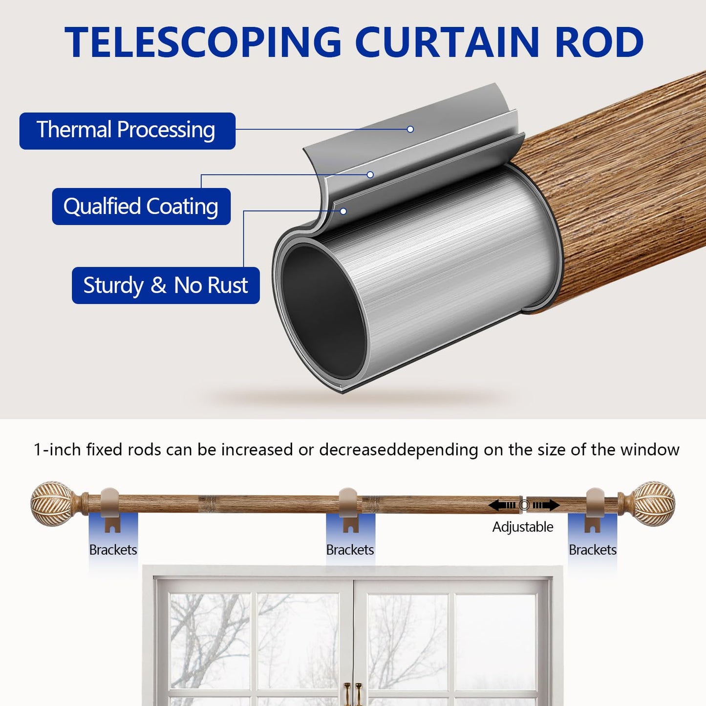 Wood Curtain Rods for Windows: 1 Inch Diameter Adjustable Drapery Rods 48" to 86", 2 Pack Heavy Duty Window Rod with Imitation Wood Grain Leaf Pattern Finials