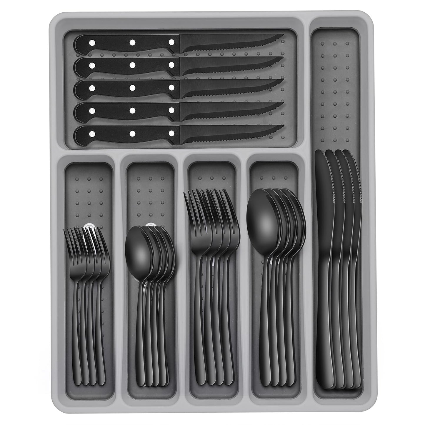 49-Piece Black Silverware Set with Organizer, Heavy Duty Stainless Steel Flatware for 8, Cutlery Utensil Sets with Steak Knives, Rust-proof, Mirror Polished, Dishwasher Safe, Black Heavy Duty