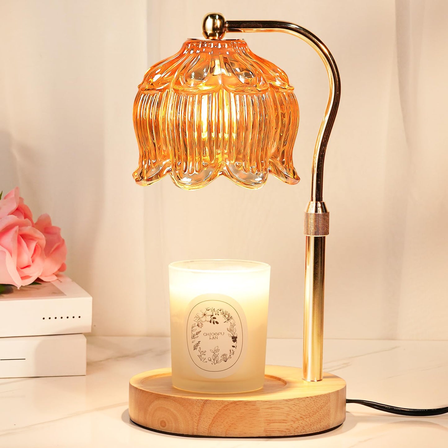 Funistree Flower Candle Warmer Lamp with Timer, Dimmable Candle Lamp Warmer, Christmas Birthday Gifts for Women Mom Her, House Warming for Home Decor, Lotus Wax Warmer for Yankee Candles-Warm Amber