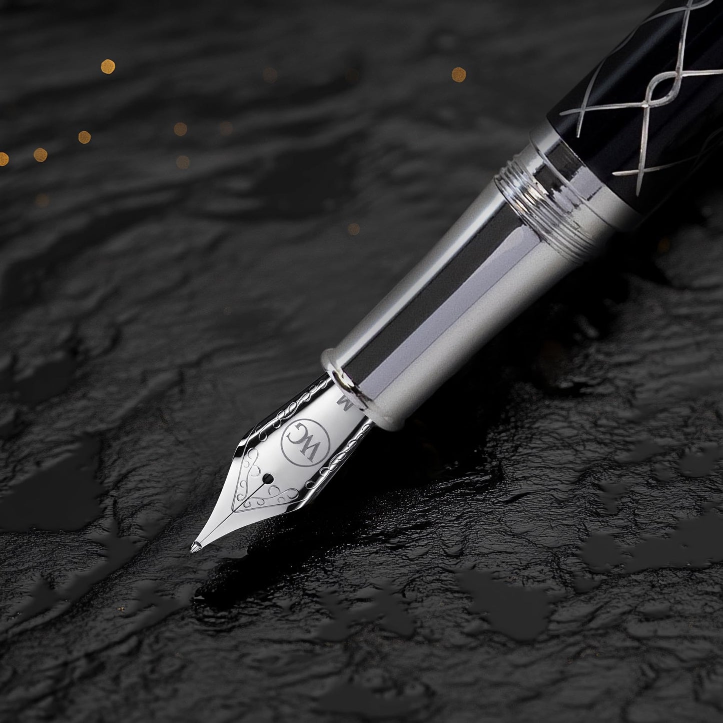 ‘The Weaver’ Black Luxury Executive Fountain Pen, Polished Lacquer and Chrome, Stainless Steel Nib, Easy Refill Ink Piston Converter, Smudge Free, No Bleed, Fits Our Instant Insert Ink Cartridges