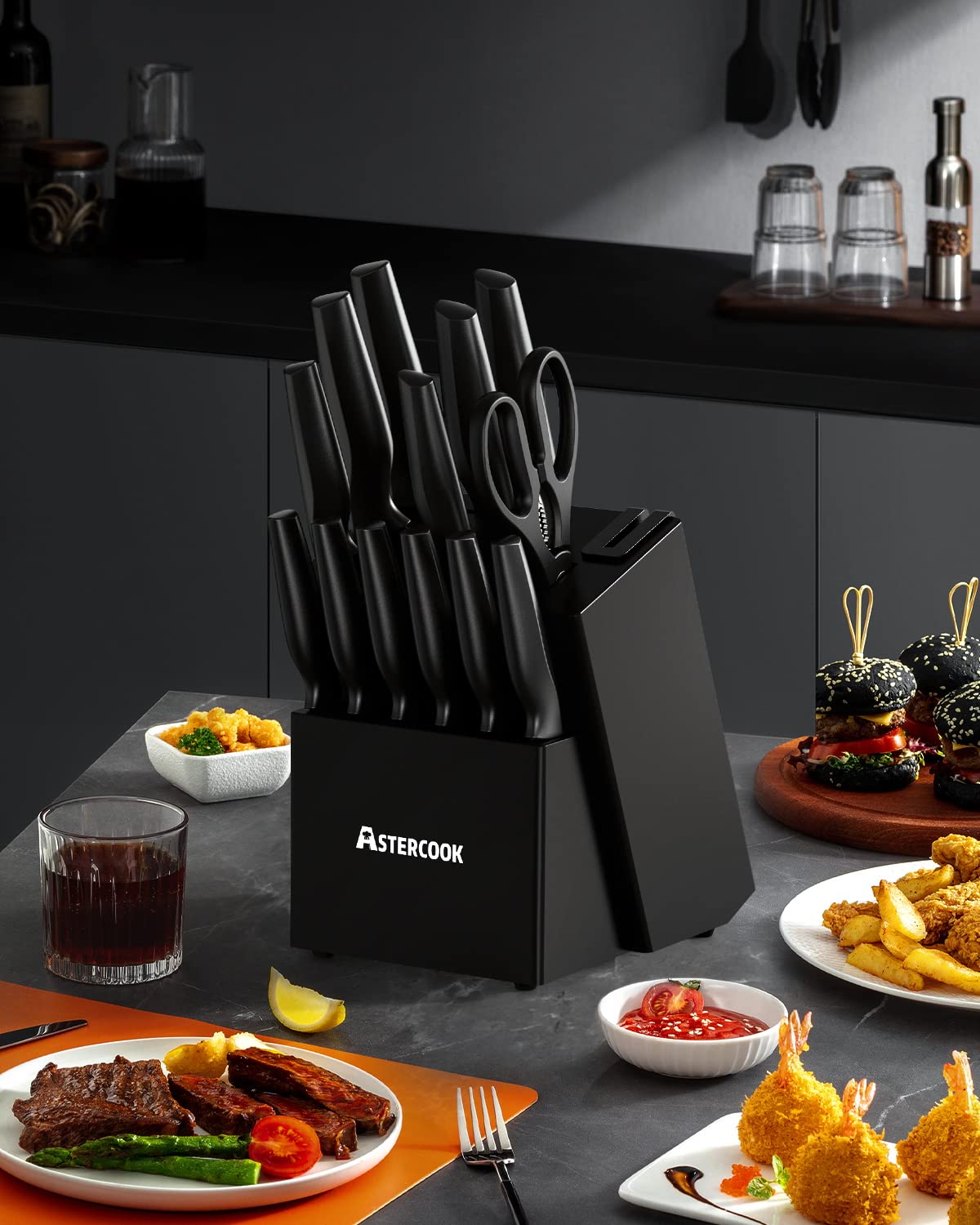 Astercook Knife Set, Kitchen Knife Set with Built-in Sharpener Block, Dishwasher Safe, 15 Pieces German Stainless Steel Knife Block Set, Black Perfect Kitchen Gifts for Mom Dad