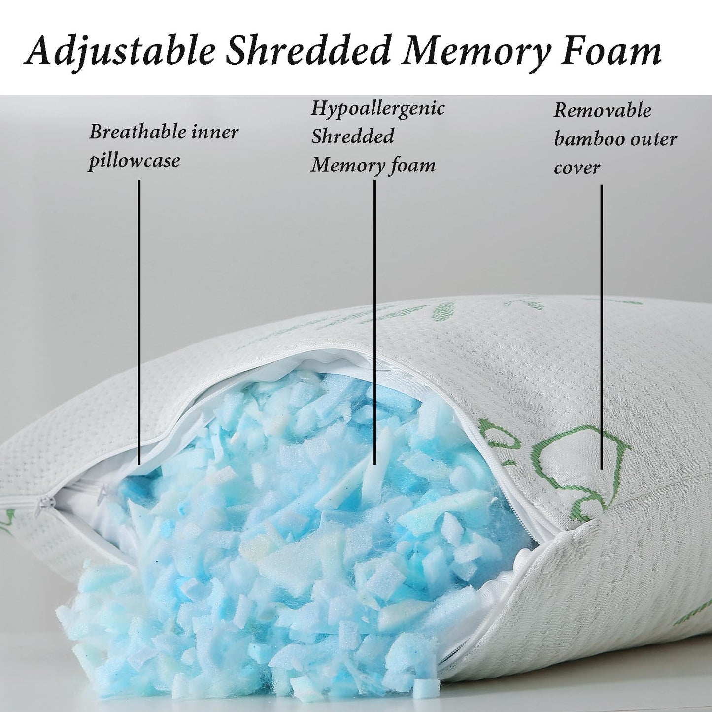Memory Foam Pillows Queen Size set of 2, Shredded Memory Foam Bed Pillow for Sleeping, Adjustable Fluffy Pillow with Cooling Breathable Cover for All Sleepers, Hotel Quality Rest Pillow Queen 2 Pack