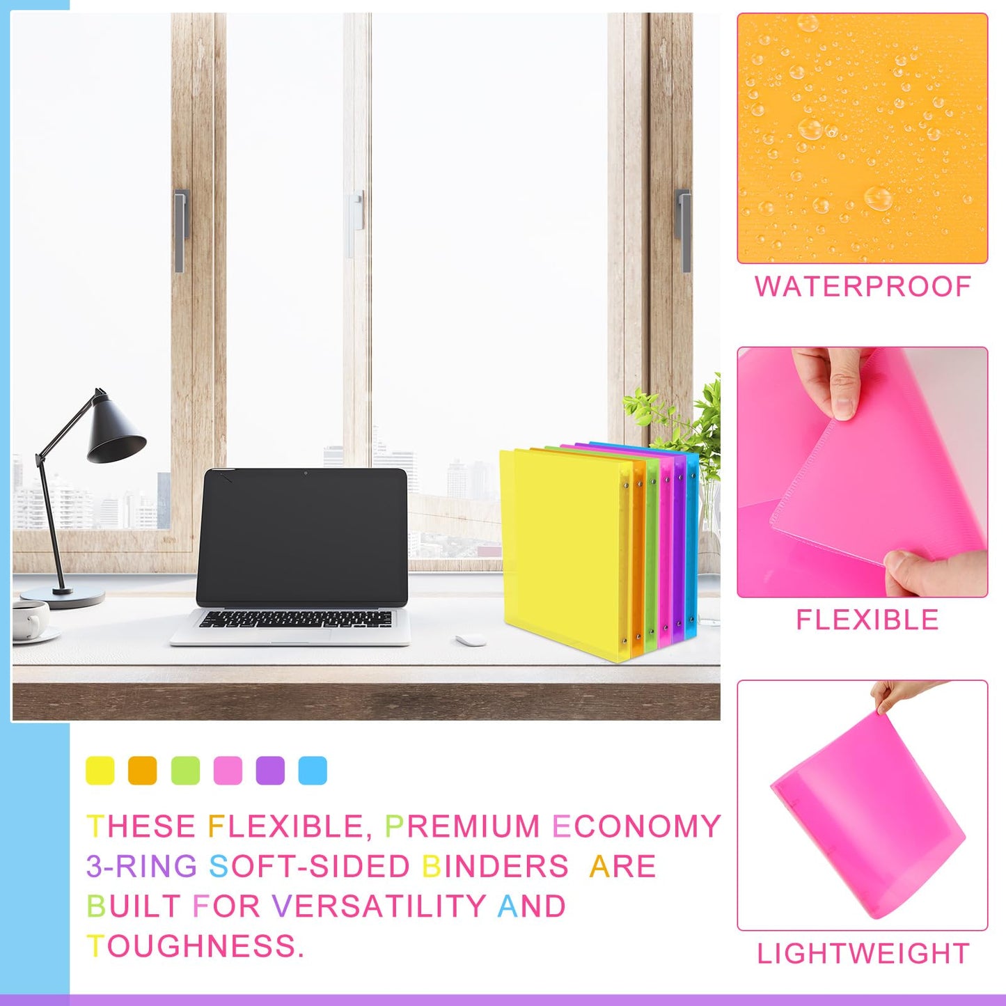 Fulmoon 12 Pcs 1 Inch 3 Ring Binders with 2 Interior Pockets Fits Letter Size Paper 8.5'' x 11'', Clear View 1-inch Three Ring Binders or School Office Home Supplies(Multicoloured)