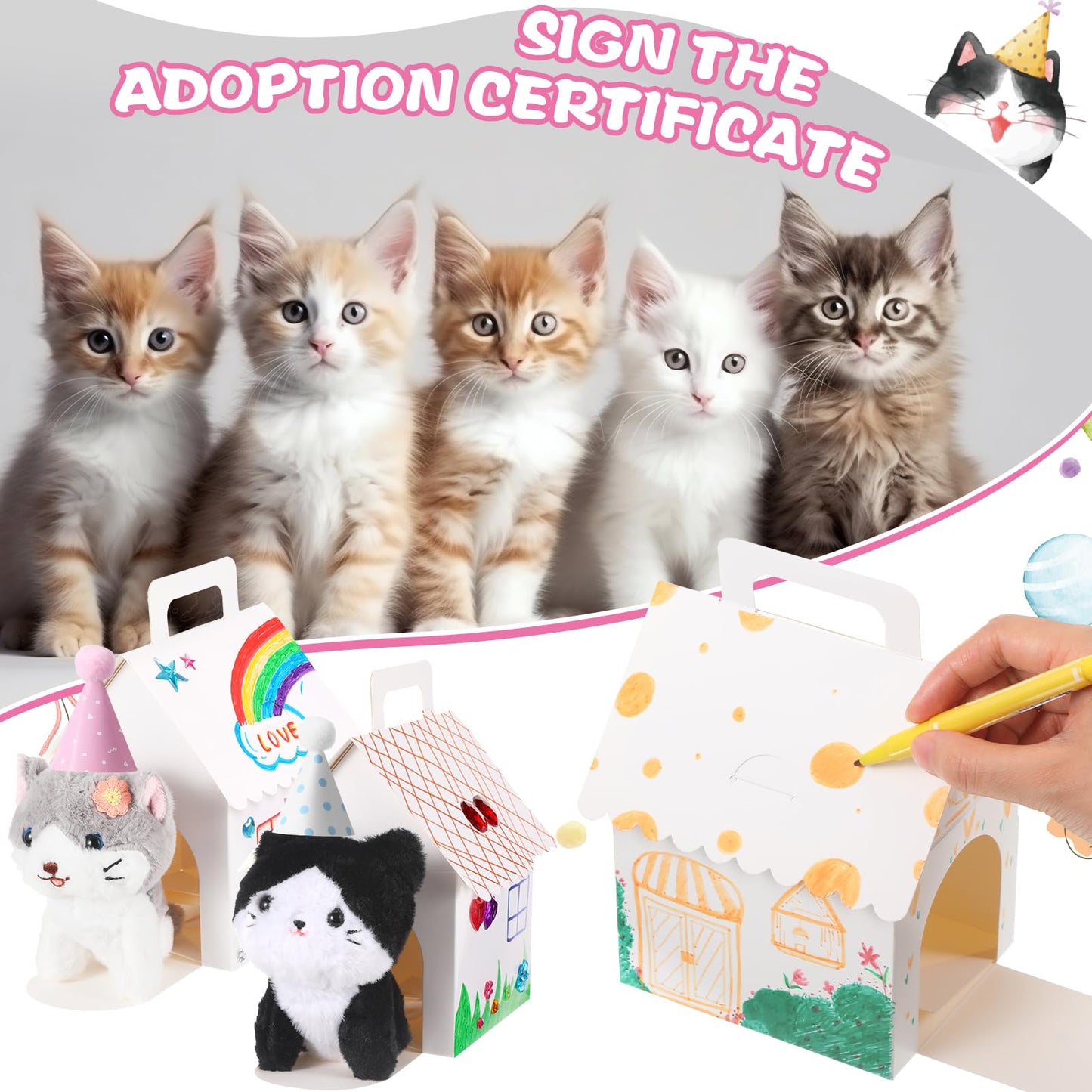 Cinnvoice 65 Pcs Adopt a Cat Party Favors, 16 Stuffed Cat Animals 16 Boxes 16 Cute Birthday Hats 16 Adoption Certificate Card 1 Adoption Sign for Adopt a Pet Party Favor Supplies (House,White)
