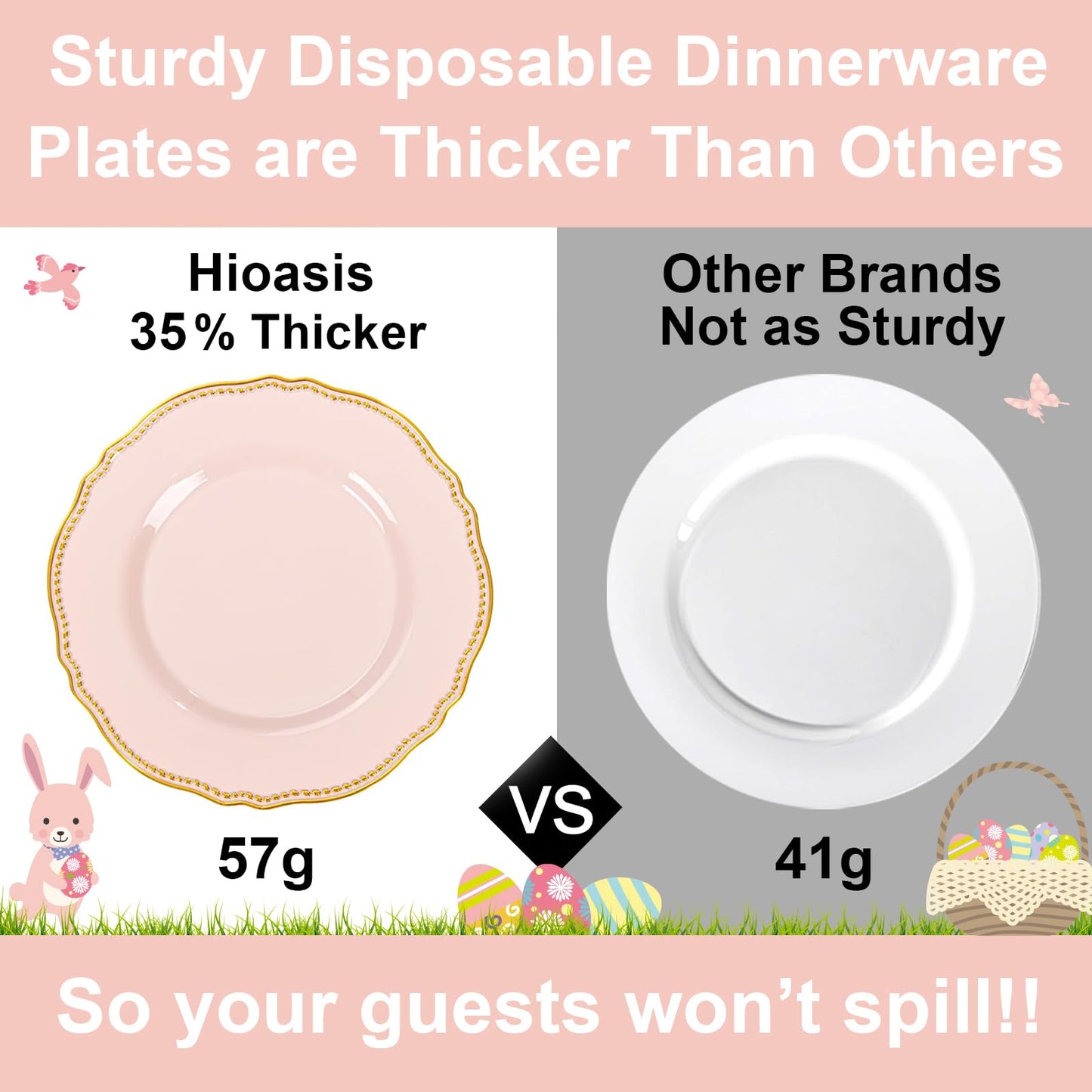 Hioasis 60pcs Pink Plastic Plates - Pink and Gold Disposable Dinnerware with Gold Rim, Heavy-duty, 10 inch, Dinner Plates for Party & Wedding