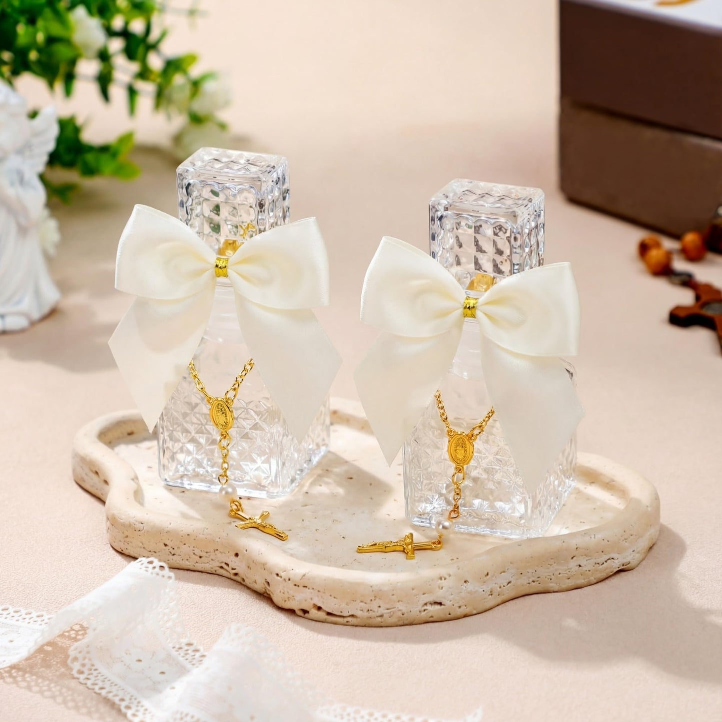 Chuangdi 24 Sets Holy Water Bottles Baptism Favors for Guest Holy Water Container with Cross Rosary Organza Bag Bow 50ml Glass Empty Container for Communion Christian Wedding (Elegant,White)