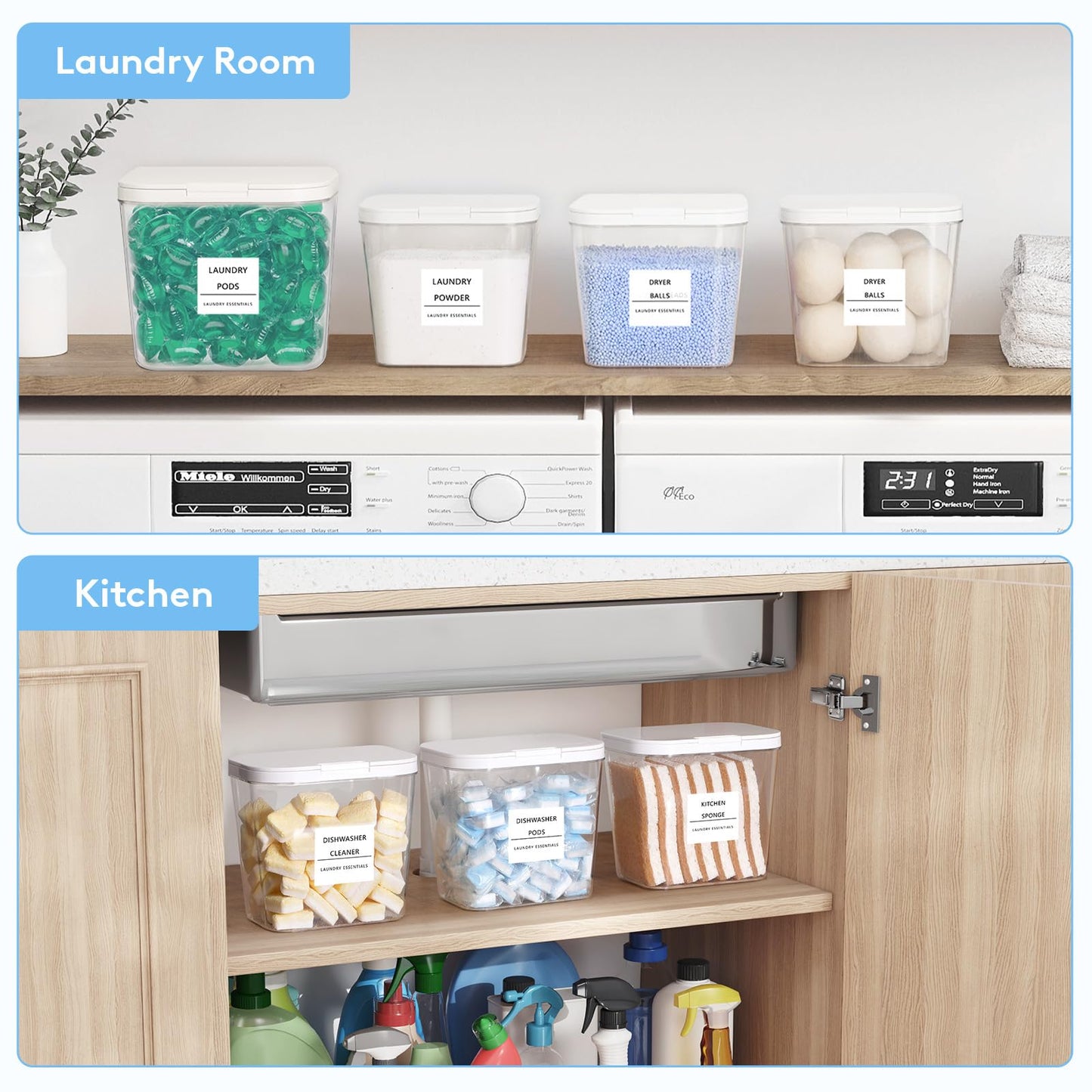 Lifewit Laundry Pods Container with Pop-up Lid, Laundry Room Organization, Dryer Sheet Holder for Washing Powder Scent Booster Beads, 2700 +4500ml/0.72+1.2gal,4 Pcs
