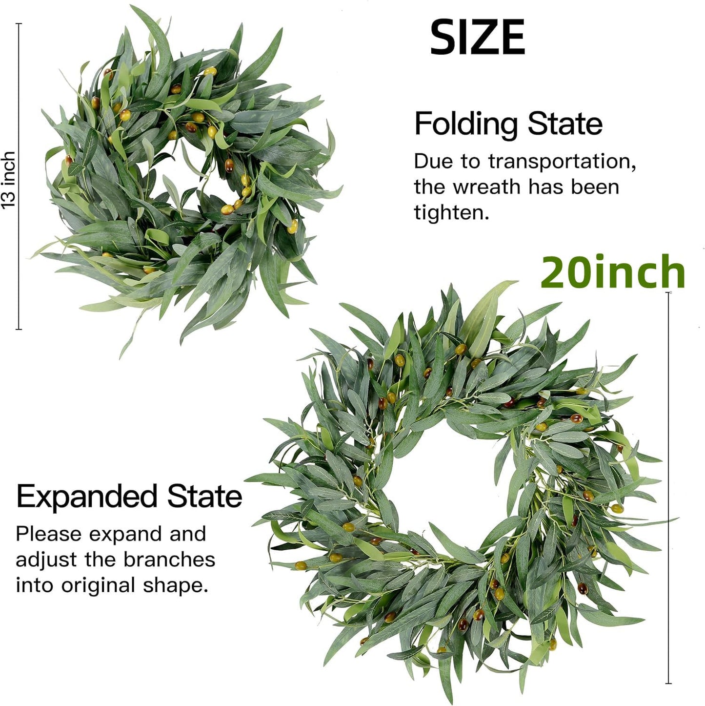 Sggvecsy Artificial Olive Wreath for Front Door 20 inch Greenery Wreath with Olive Leaves Olive Bean Green Leaves Wreath Spring Summer Wreath for All Seasons Wall Window Home Indoor Outdoor Decor
