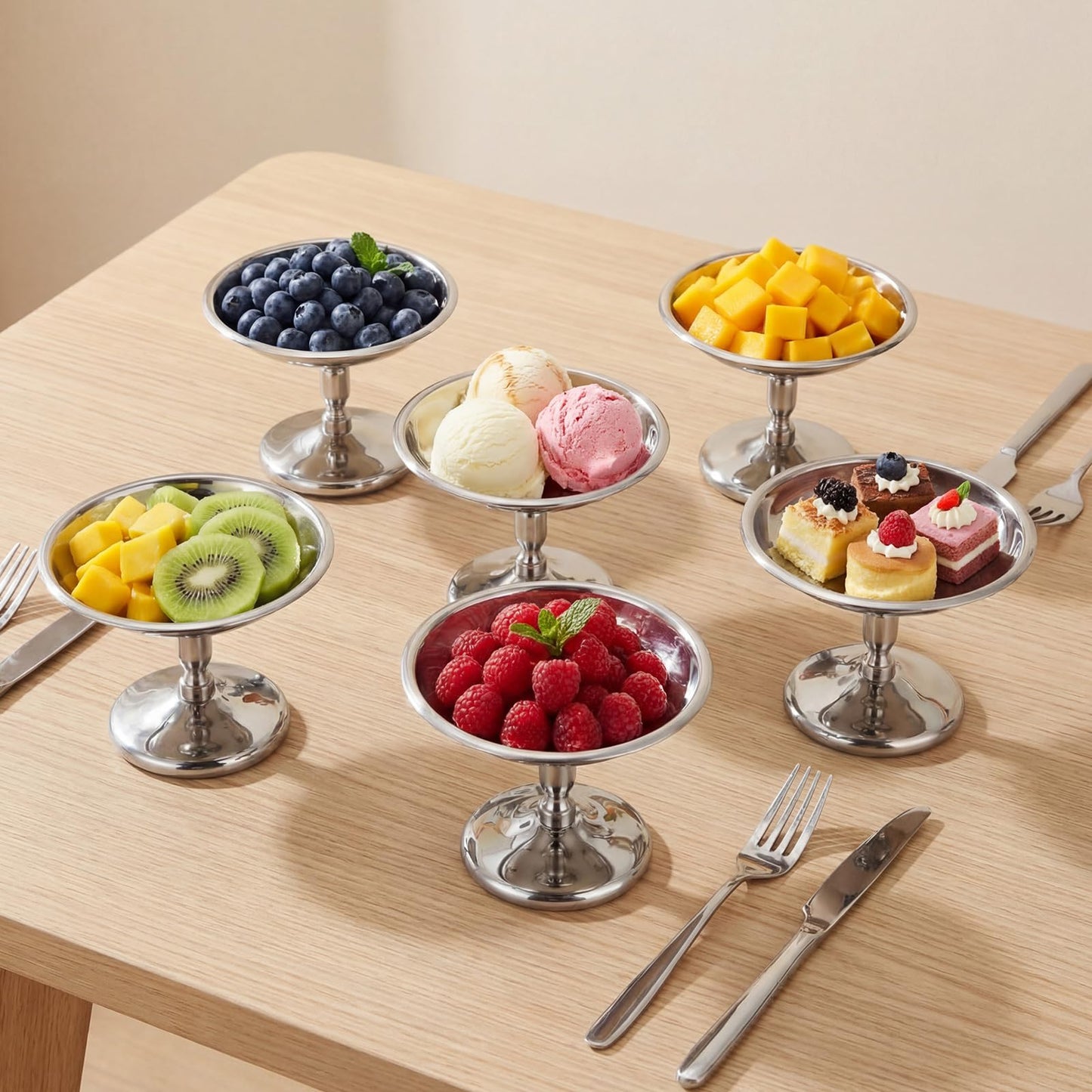 Ferrochef 6 Pcs Mini Stainless Steel Ice Cream Bowls Vintage Silver Serving Pudding Dessert Cup Sauce Bowls Metal Round Footed Yogurt Snack Candy Cups for Mousse Fruit Salad Cake Wedding Party Favor