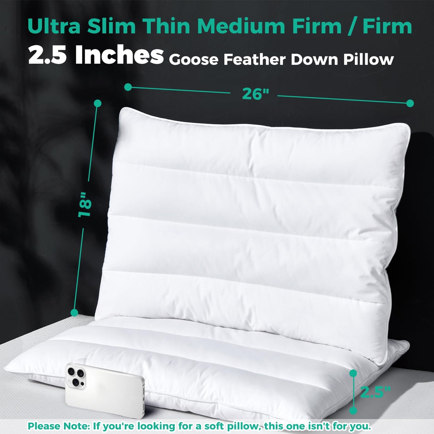 Three Geese Luxury Natural Flat Thin Goose Feather Down Pillows Standard Size, 2.5" Height, 100% Organic Cotton Cover, Medium Firm Hotel Collection Ultra Slim Thin Bed Pillows, Machine Washable