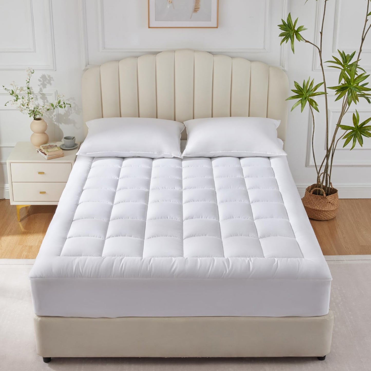 CozyLux Queen Size Mattress Pad Pillow Top Cotton Cooling Mattress Topper 8-21" Deep Pocket Mattress Cover Quilted Fitted Cooling 450GSM Mattress Protector (60x80 inch,White)