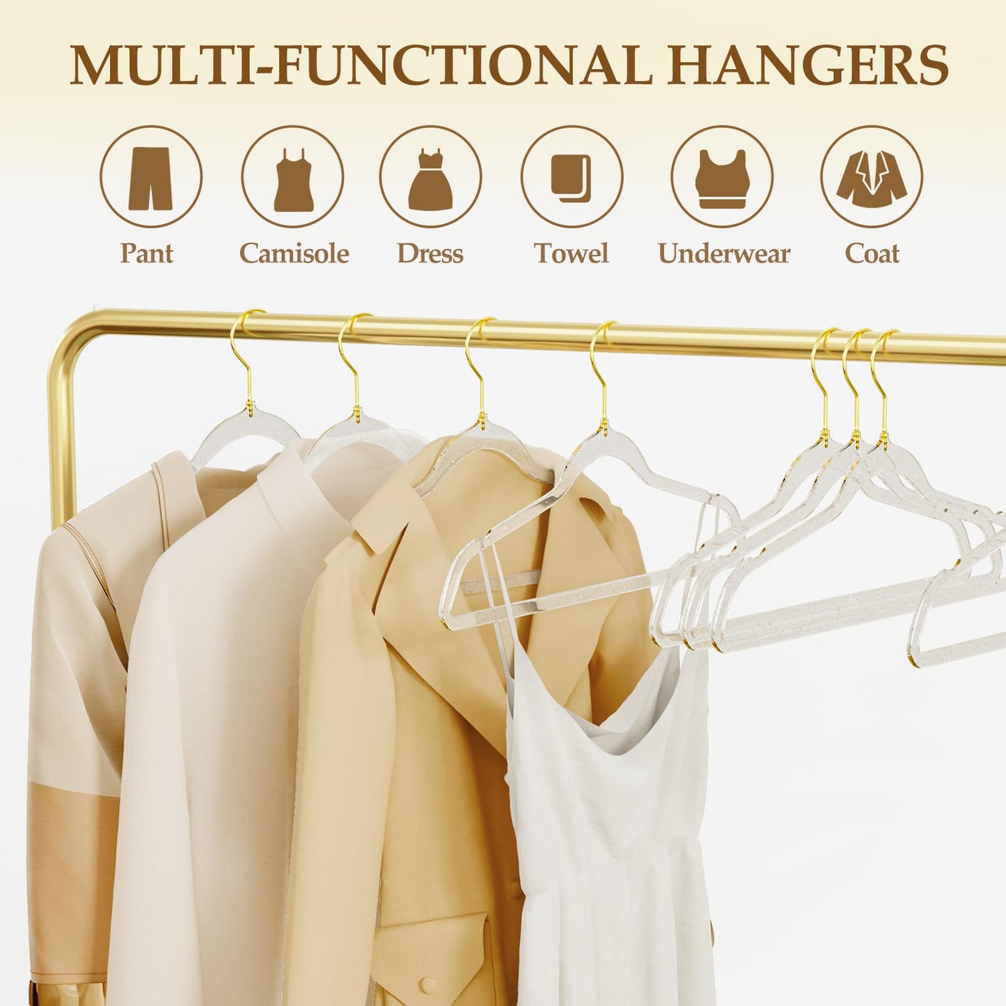 50 Pack Clear Plastic Hangers with Gold Glitter, Acrylic, Ultra Slim, Space Saving, for Coats, Pants, Suits, Shirts, Skirts, Dress Clothes