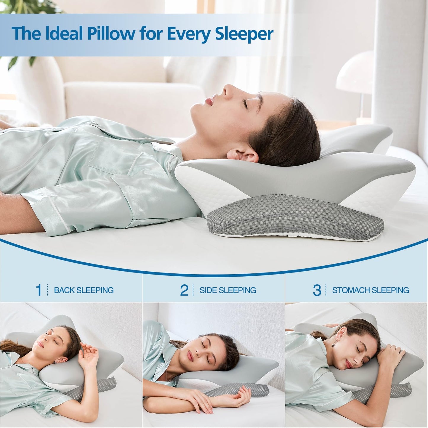 Krightlink Ergonomic Memory Foam Cervical Pillow for Neck Pain Relief - Contour Design with Dual Heights for Side/Back/Stomach Sleepers with Washable Breathable Pillowcas