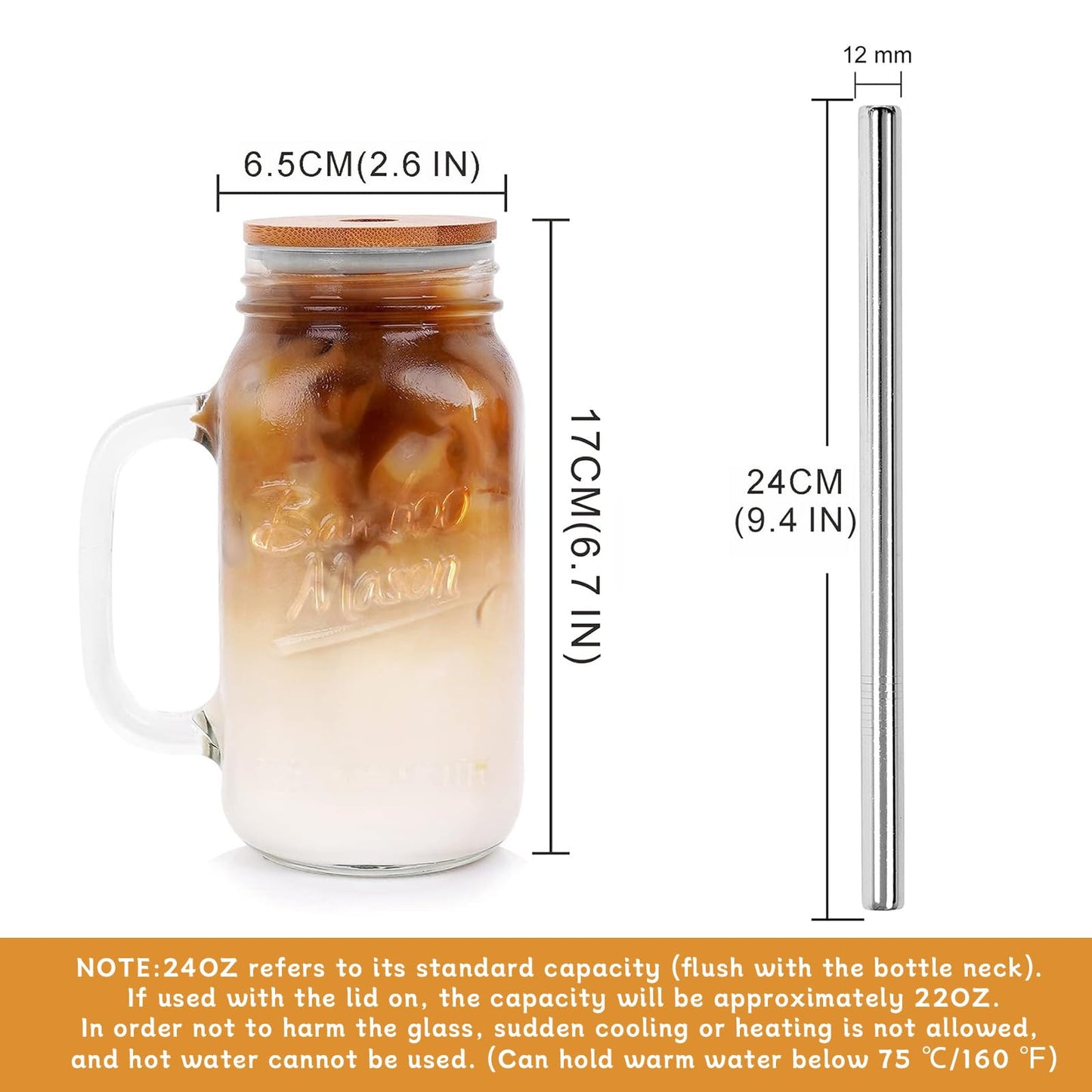 ANOTION Mason Jar with Lid and Straw, 24 oz Regular Mouth Mason Jars with Handle Drinking Glasses Tumbler Reusable Cups Smoothie Water Bottles for Iced Coffee Classic