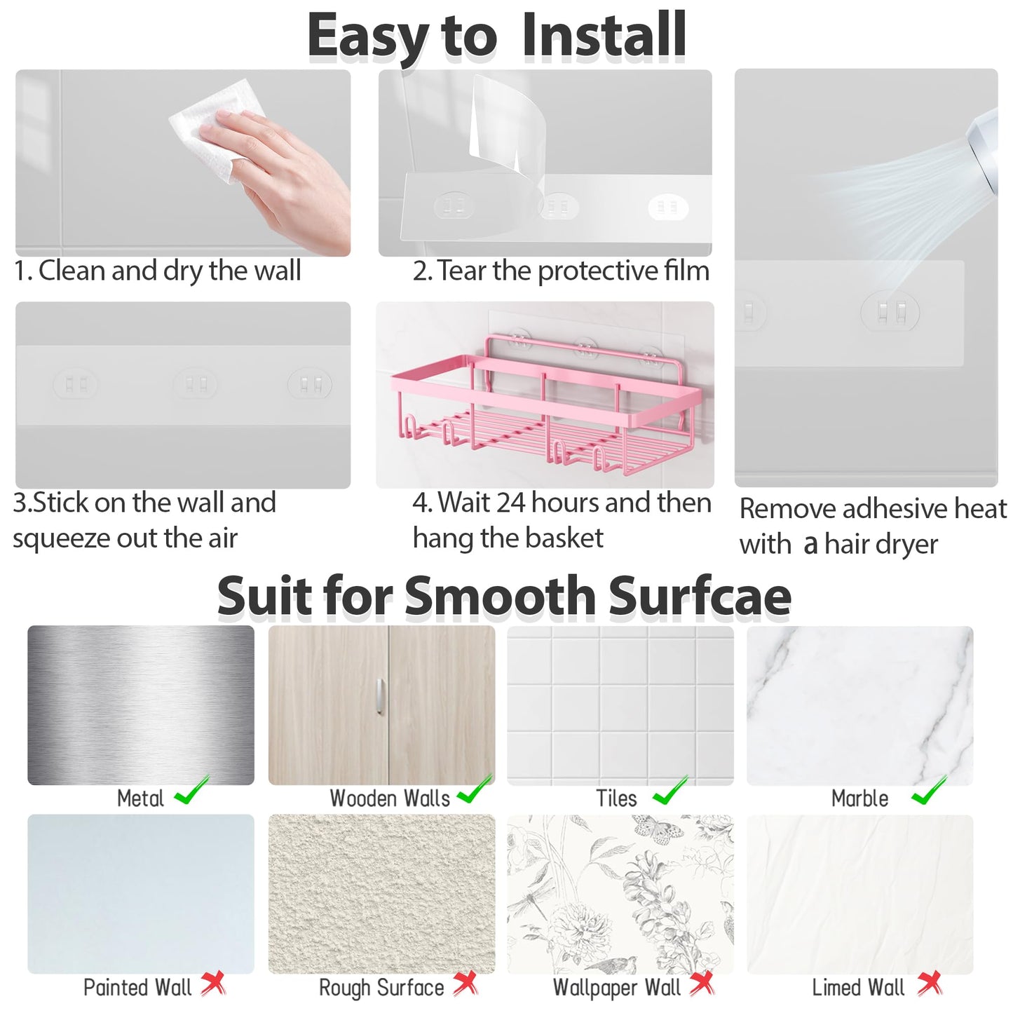 Liuoud 5 Pack Shower Caddy Organizer Rack Shelf for Inside Shower, Adhesive Bathroom Wall Storage Basket Rustproof Stainless Steel Shampoo Holder, Girly Bathroom Accessory Decor Set, Pink