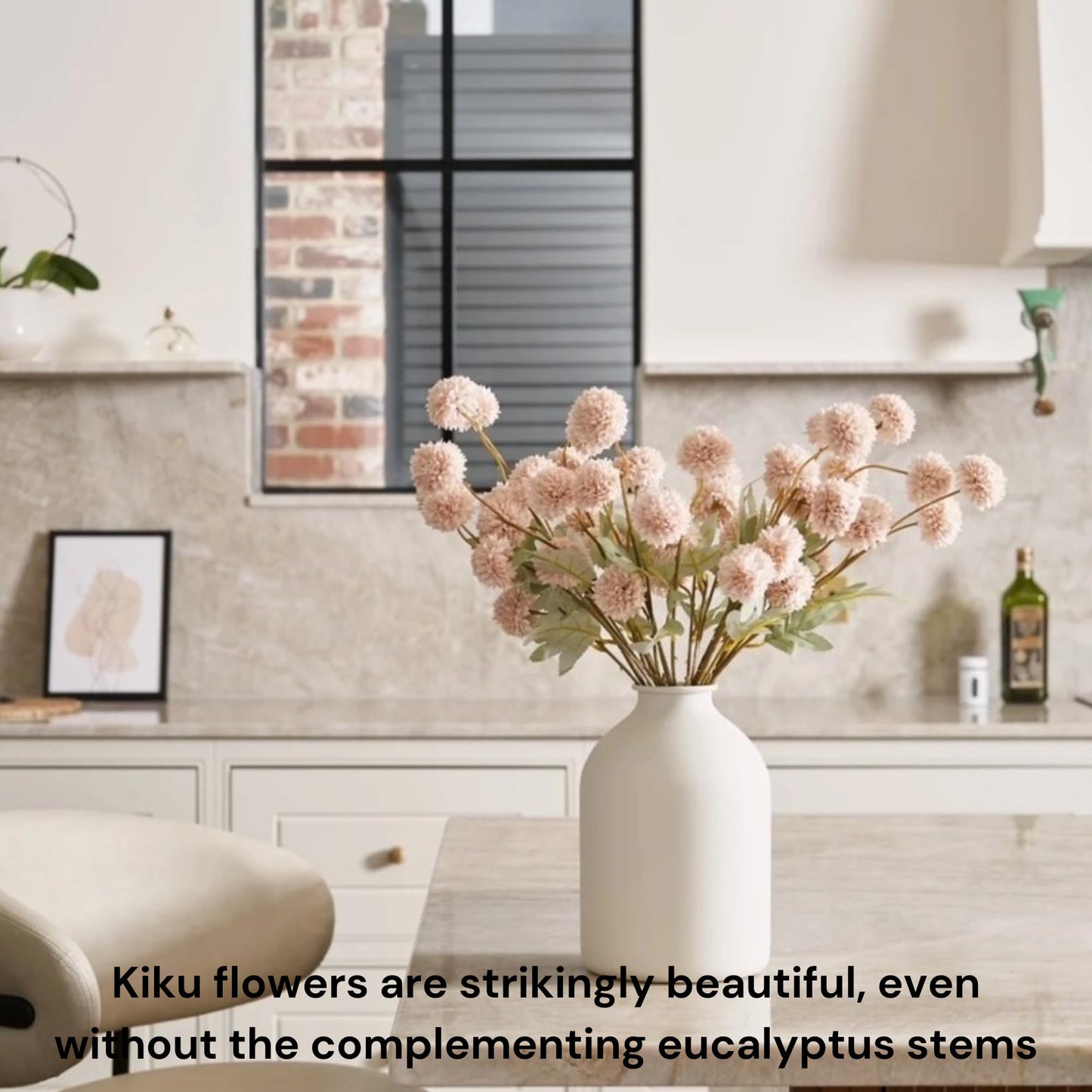 Artificial Flowers for Vase - Beige Silk Mums 10 Long Stems with Eucalyptus, Faux Flowers Home Decor, Neutral Tan Cream Floral Arrangement, Fake Chrysanthemum Pom Pom Stems, Spring Fall Centerpiece