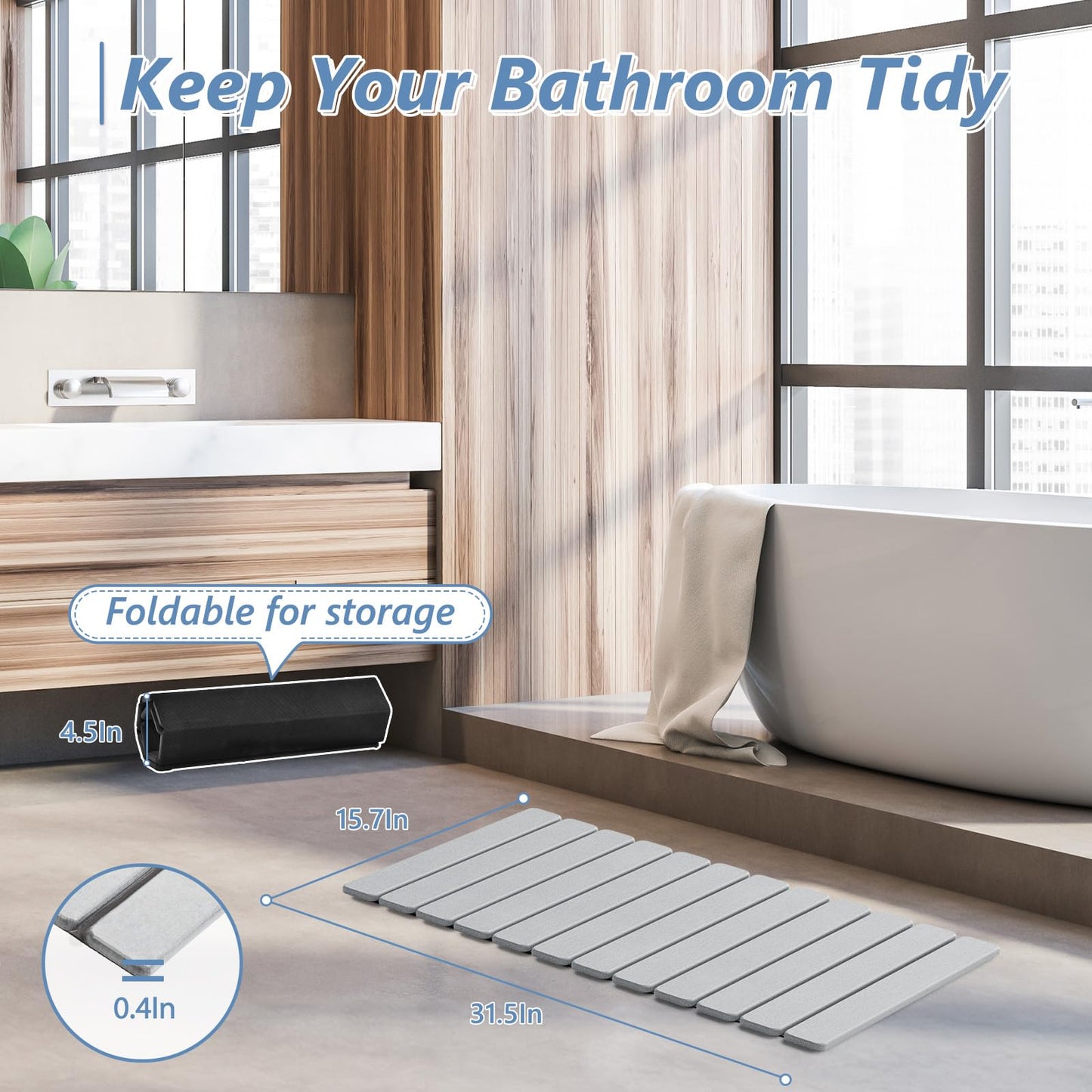 AWW Foldable Stone Bath Mat, Quick Dry Diatomaceous Earth Bath Mat with Non-Slip Mat, Super Absorbent, Easy to Clean, Compact for Small Bathrooms, 31.5 x 15.7, Light Grey