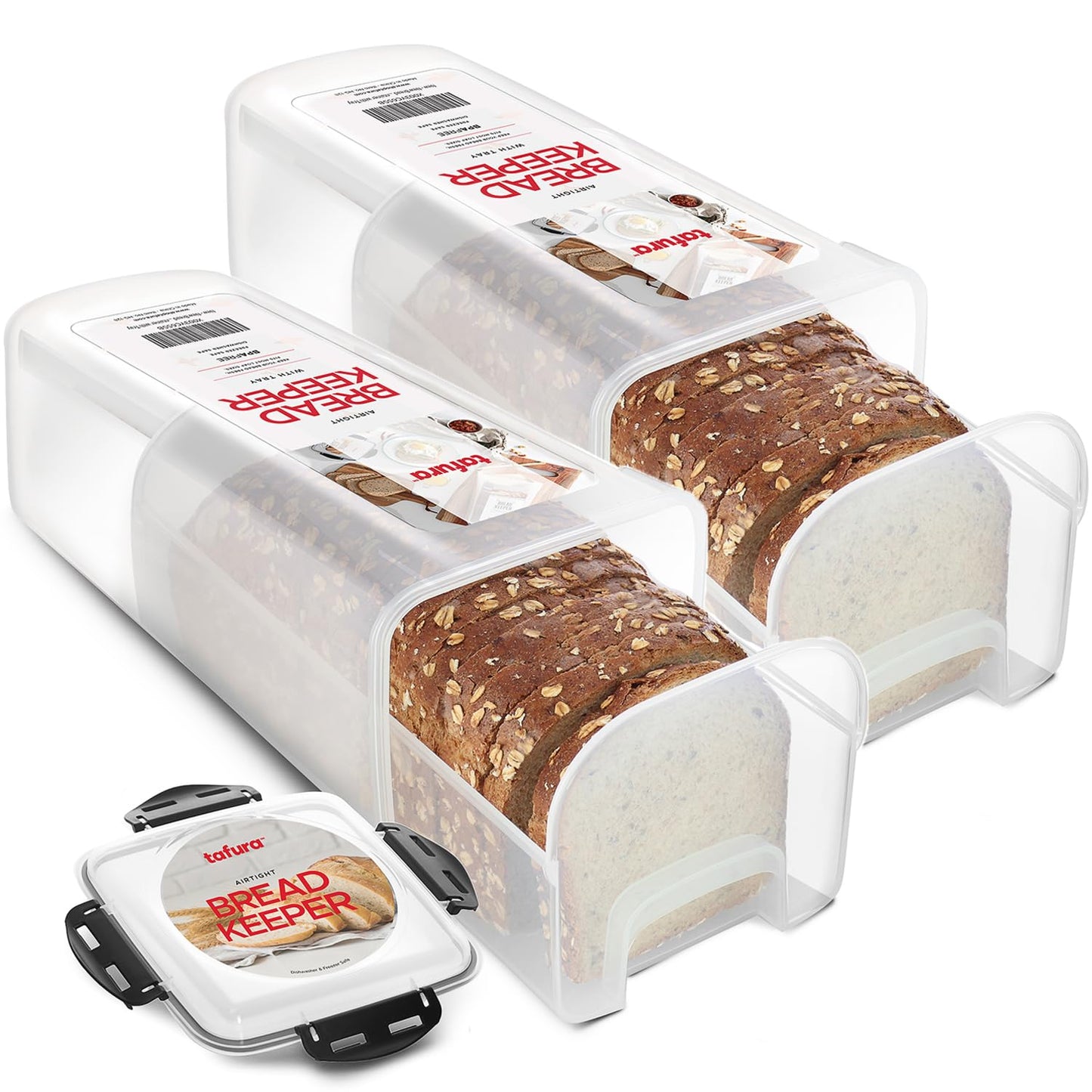 Tafura Bread Storage Container - 2 Pack BPA Free Plastic Bread Box with Ingeniously Tray - Airtight Container/Holder for Homemade Loaves and Baked Goods