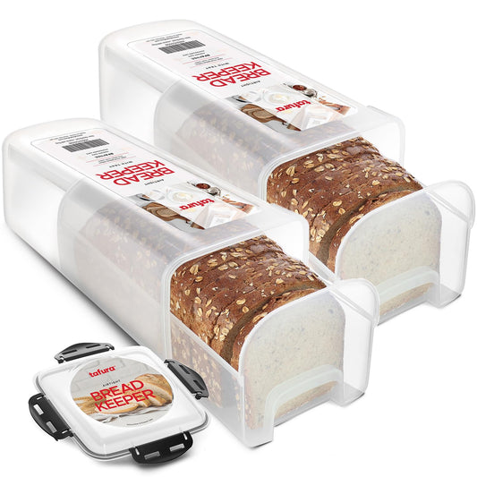 Tafura Bread Storage Container - 2 Pack BPA Free Plastic Bread Box with Ingeniously Tray - Airtight Container/Holder for Homemade Loaves and Baked Goods