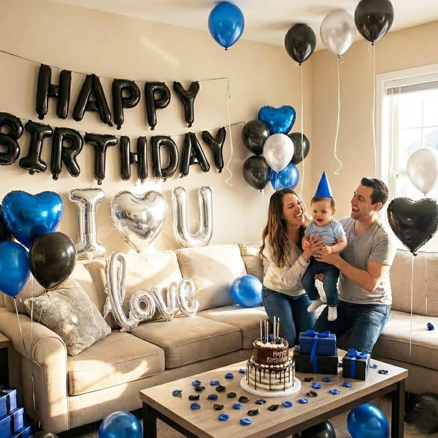 Blue Black Silver Balloons with I LOVE YOU & HAPPY BIRTHDAY Foil Balloons & Rose Petals for Romantic Special Night, Anniversary, Valentine Day, Birthday Decorations for Him, Bedroom, Hotel Room