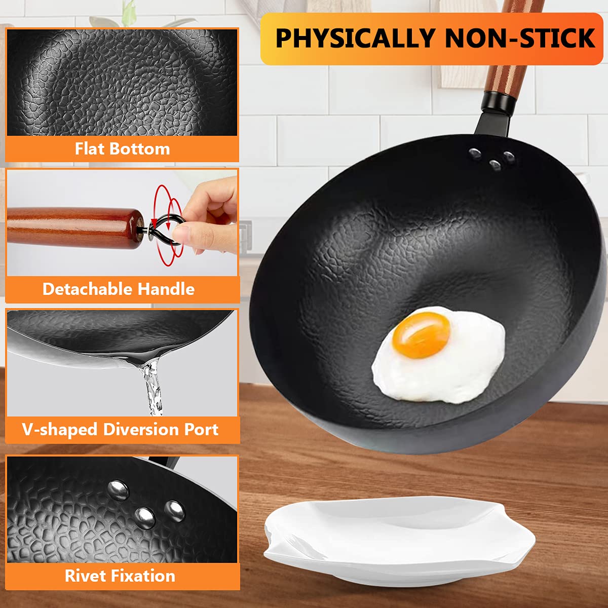 kaqinu 14 Piece Carbon Steel Wok Pan, Woks & Stir-Fry Pans Set with Wooden Lid Cookwares, No Chemical Coated Flat Bottom Chinese Pan for Induction, Electric, Gas, Halogen All Stoves - 12.6''