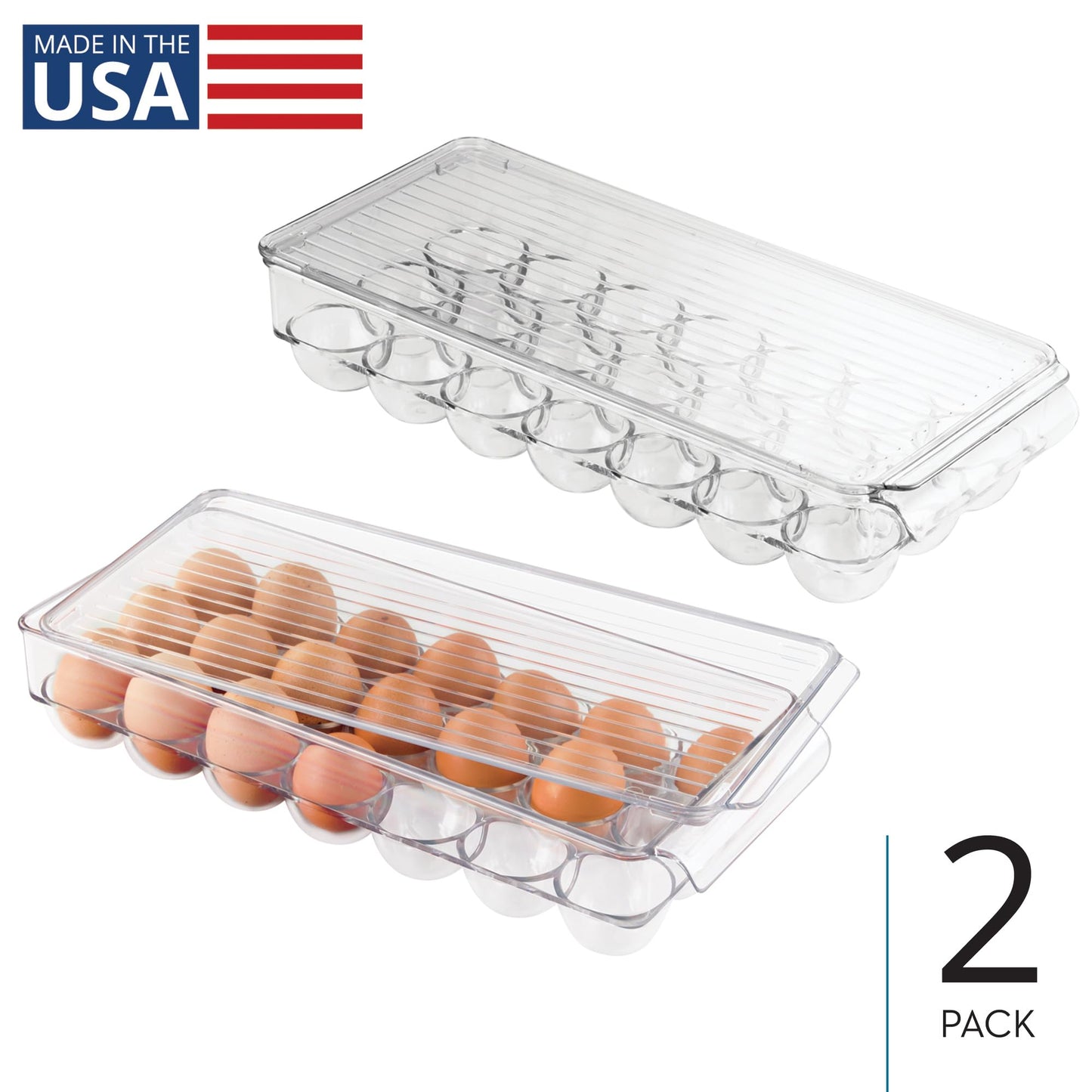 iDesign Clear Plastic Egg Holder for Fridge with Lid - 21 Egg Storage Container Organizer Bin, 2-Pack