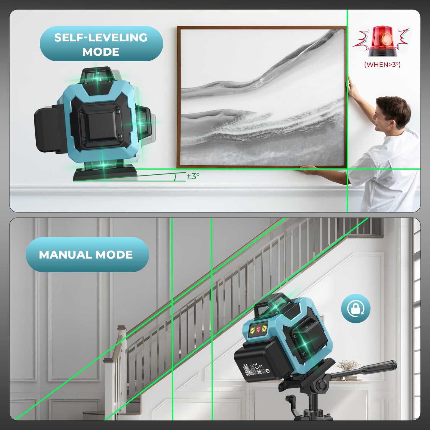 16 Line Laser Level 360 Self Leveling, 4x360°Professional 4D Cross Line Green Laser Level with 2 Batteries, Adjustable Brightness & Remote Control, for Tiling Floor Construction and Picture Hanging